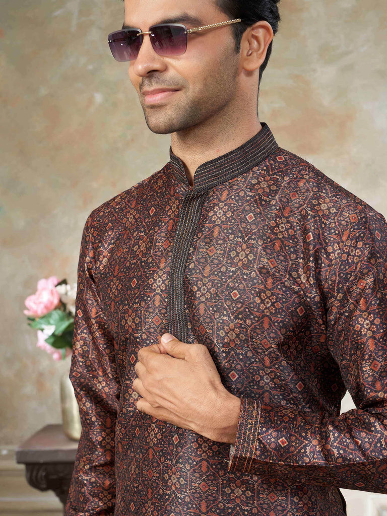 Captivating Brown Digital Printed Silk Festival Wear Men’s Kurta 