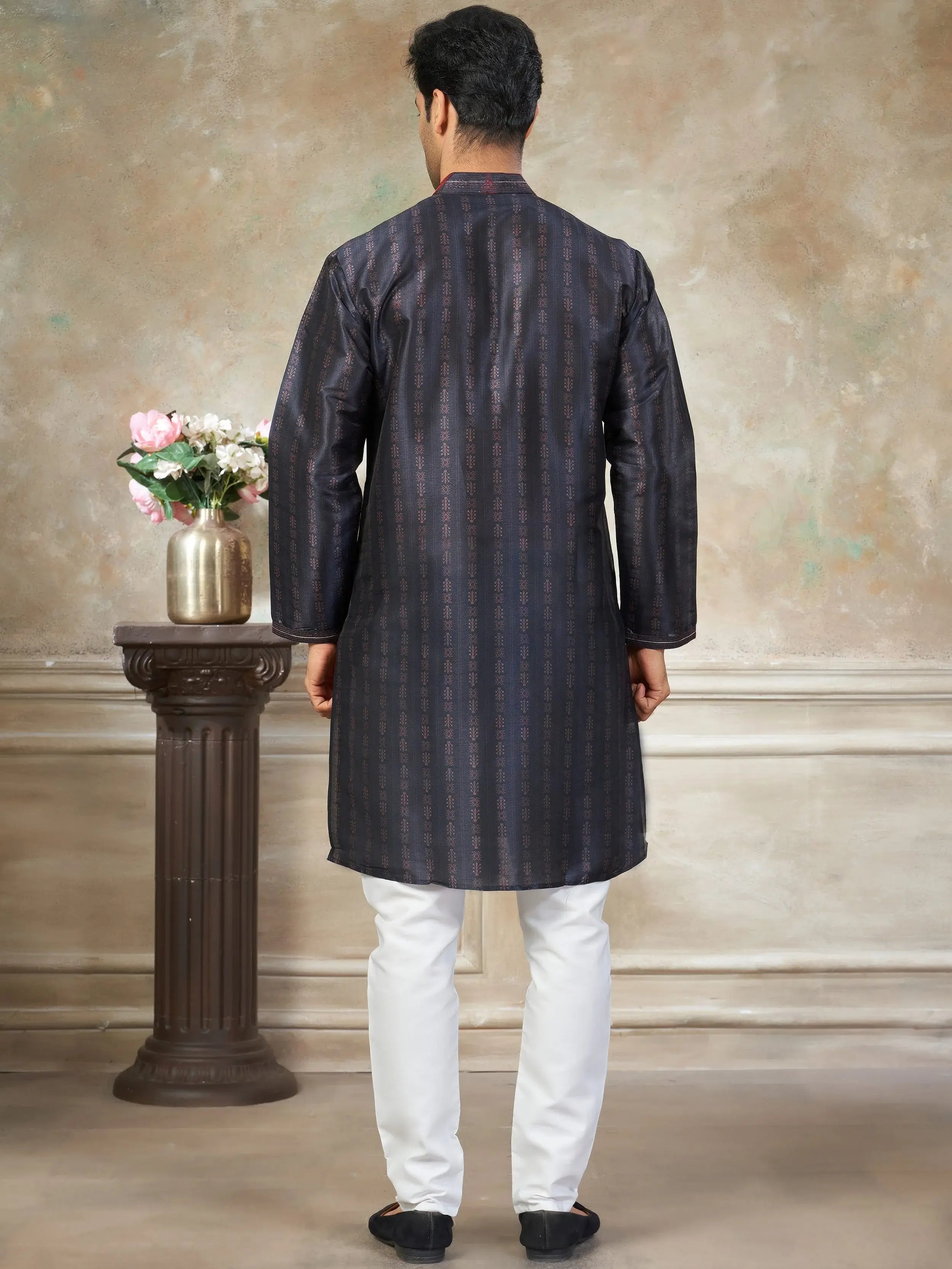 Glowing Dark Blue Digital Printed Silk Wedding Wear Men’s Kurta 