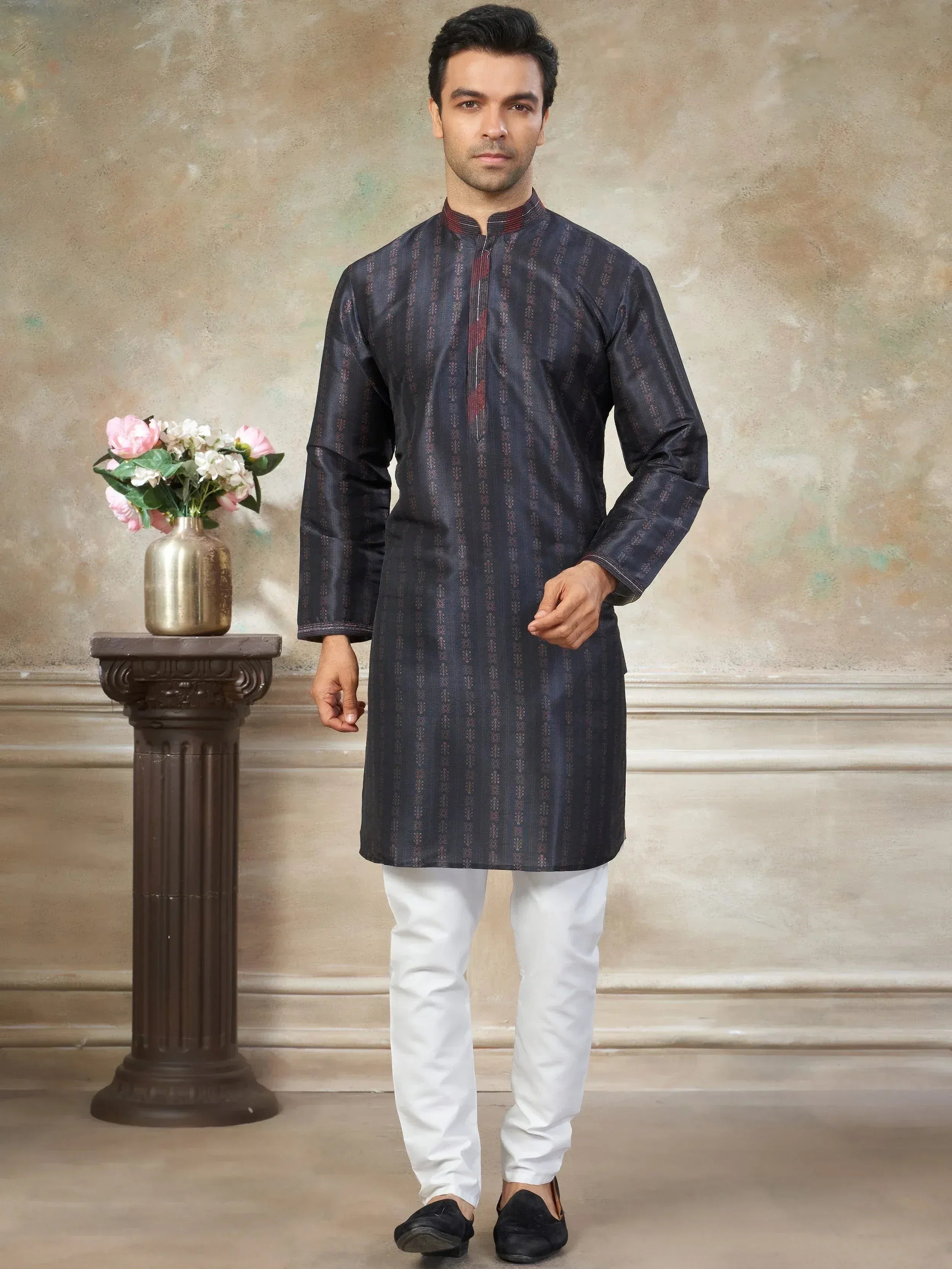 Glowing Dark Blue Digital Printed Silk Wedding Wear Men’s Kurta 