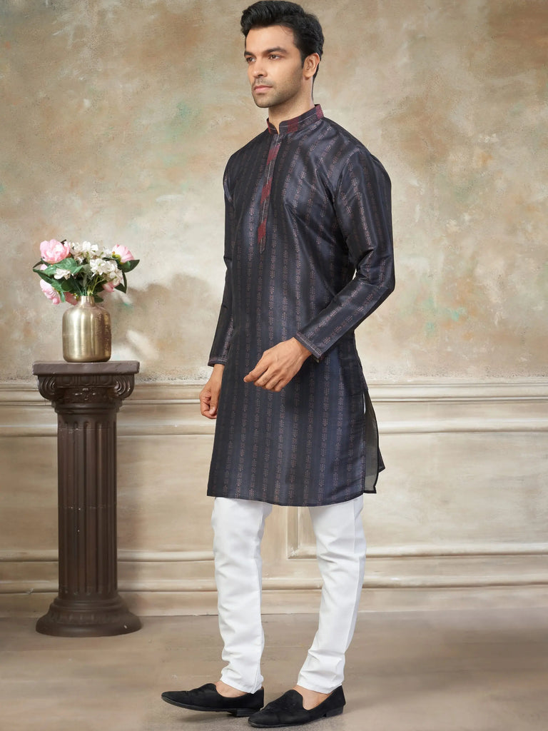 Glowing Dark Blue Digital Printed Silk Wedding Wear Men’s Kurta 