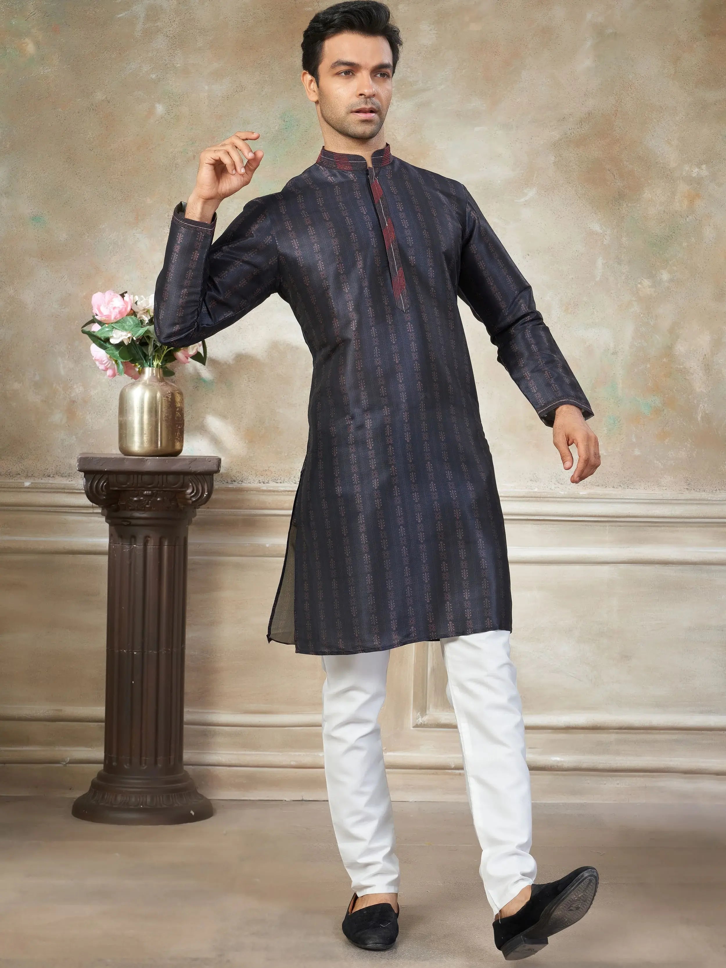 Glowing Dark Blue Digital Printed Silk Wedding Wear Men’s Kurta 