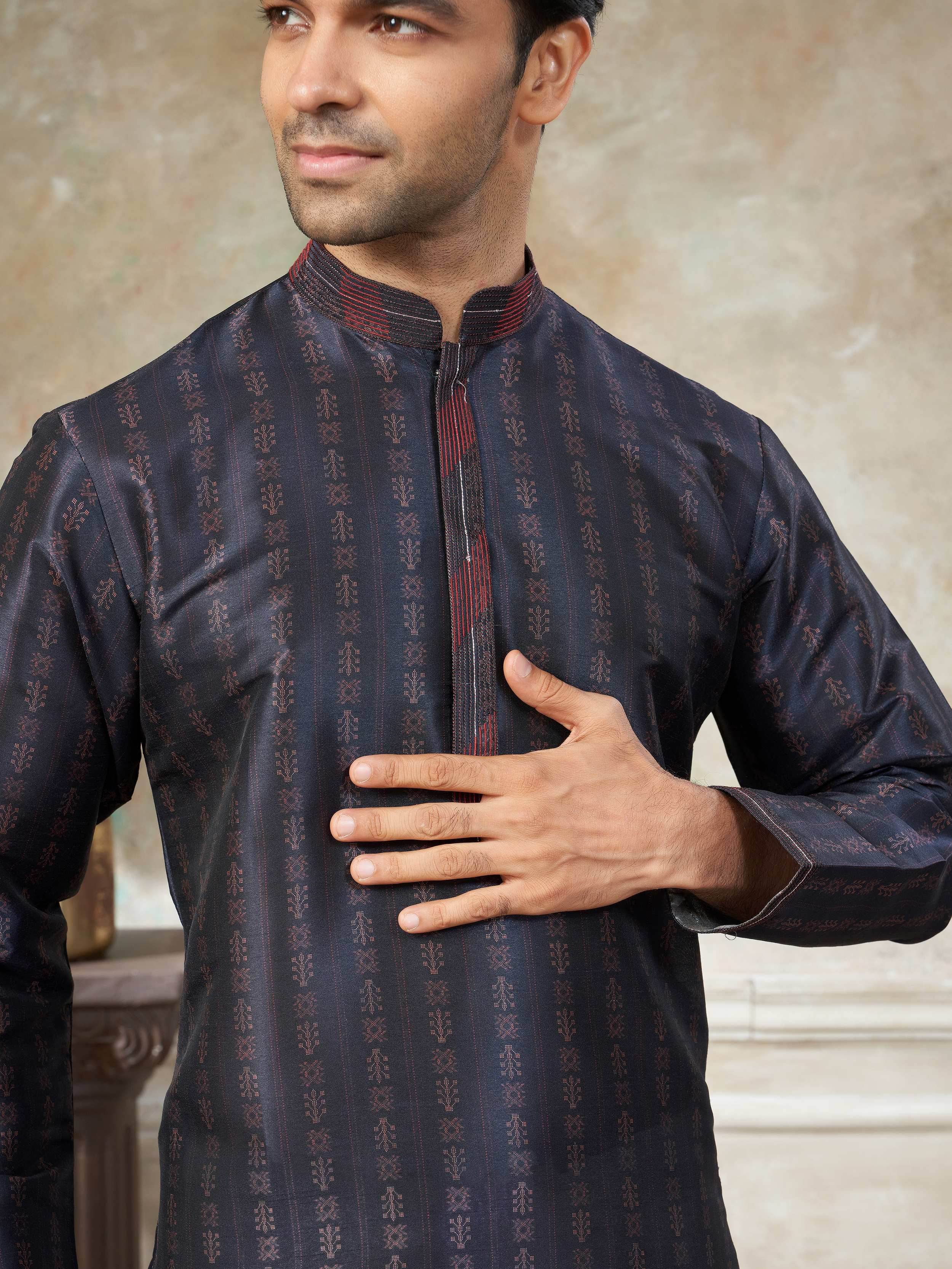 Glowing Dark Blue Digital Printed Silk Wedding Wear Men’s Kurta 