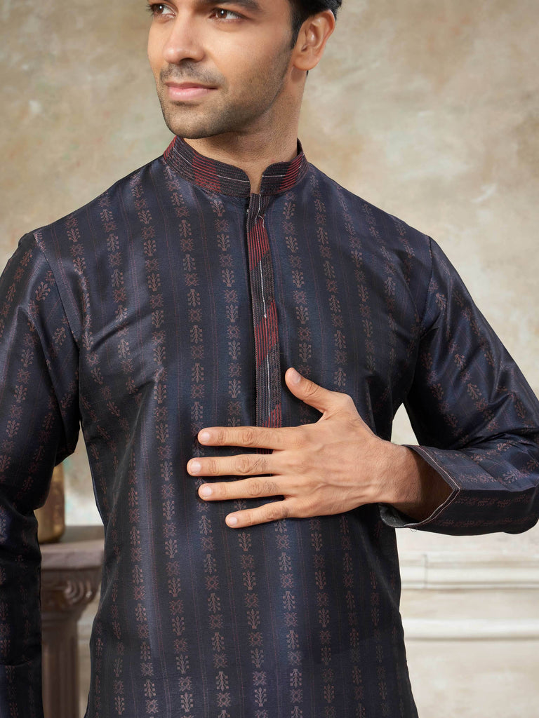 Glowing Dark Blue Digital Printed Silk Wedding Wear Men’s Kurta 