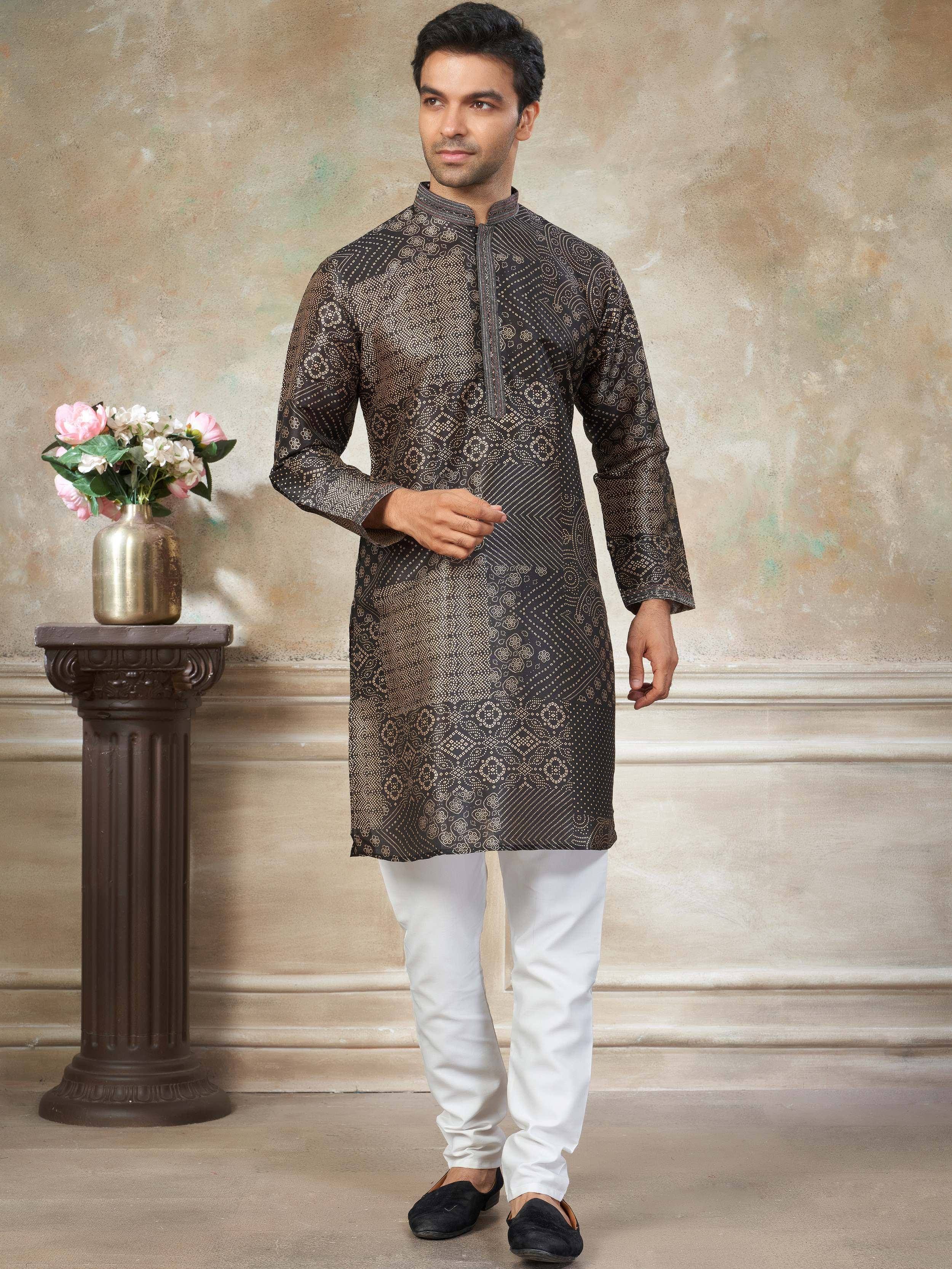 Sparkling Dark Brown Digital Printed Silk Function Wear Men’s Kurta 