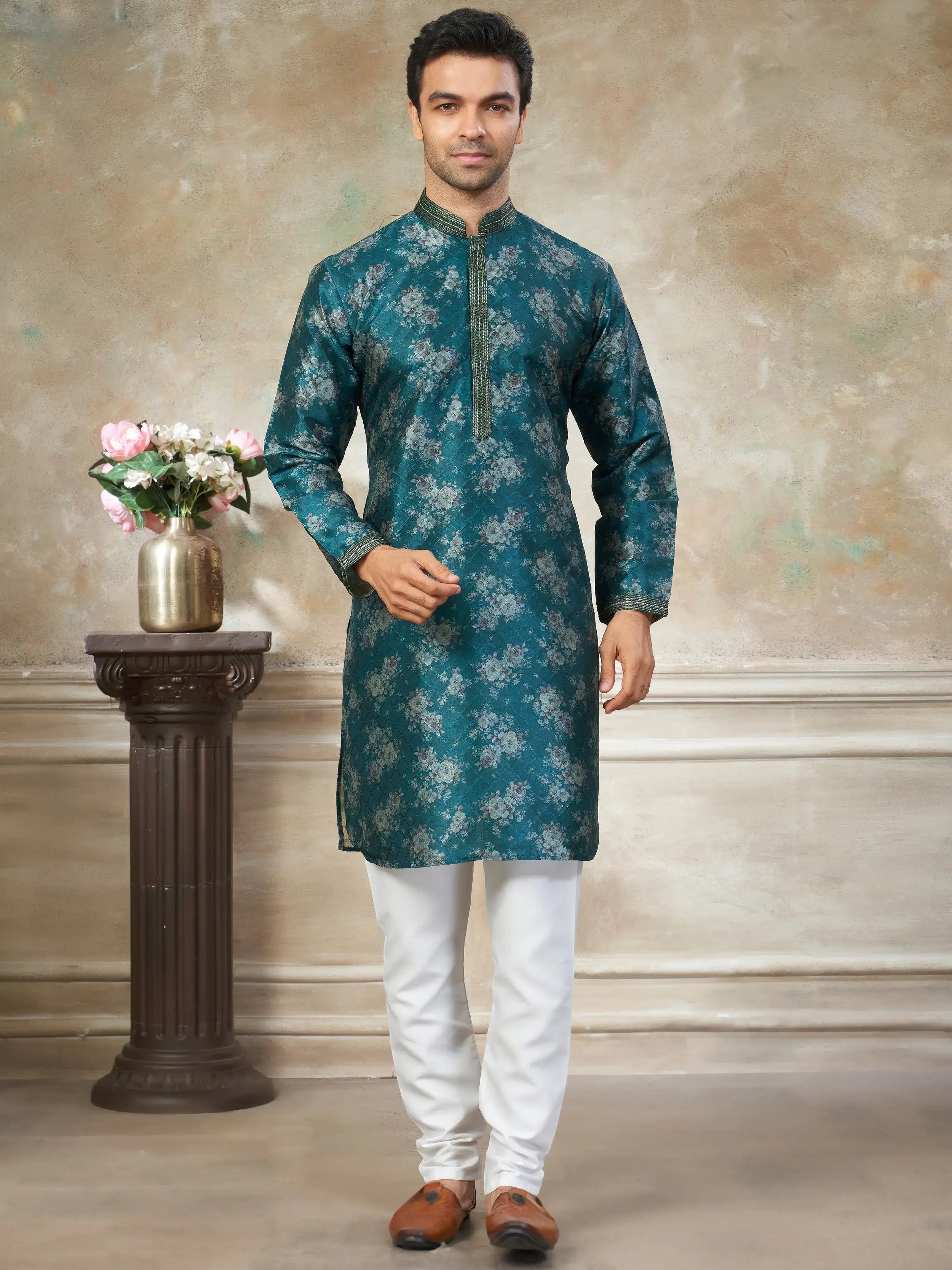 Fantastic Green Digital Printed Silk Festival Wear Men’s Kurta 