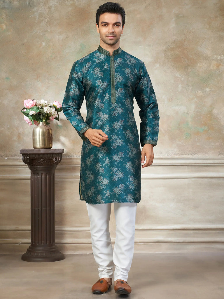 Fantastic Green Digital Printed Silk Festival Wear Men’s Kurta 