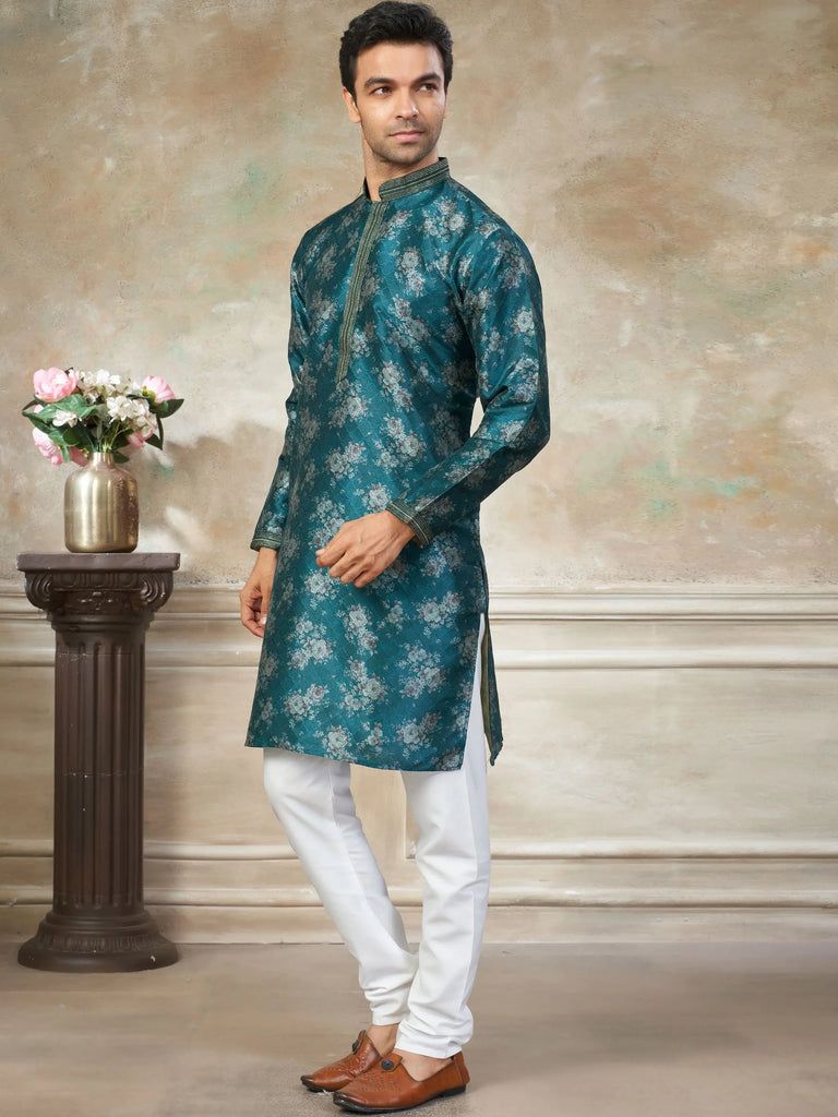 Fantastic Green Digital Printed Silk Festival Wear Men’s Kurta 