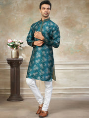 Fantastic Green Digital Printed Silk Festival Wear Men’s Kurta 
