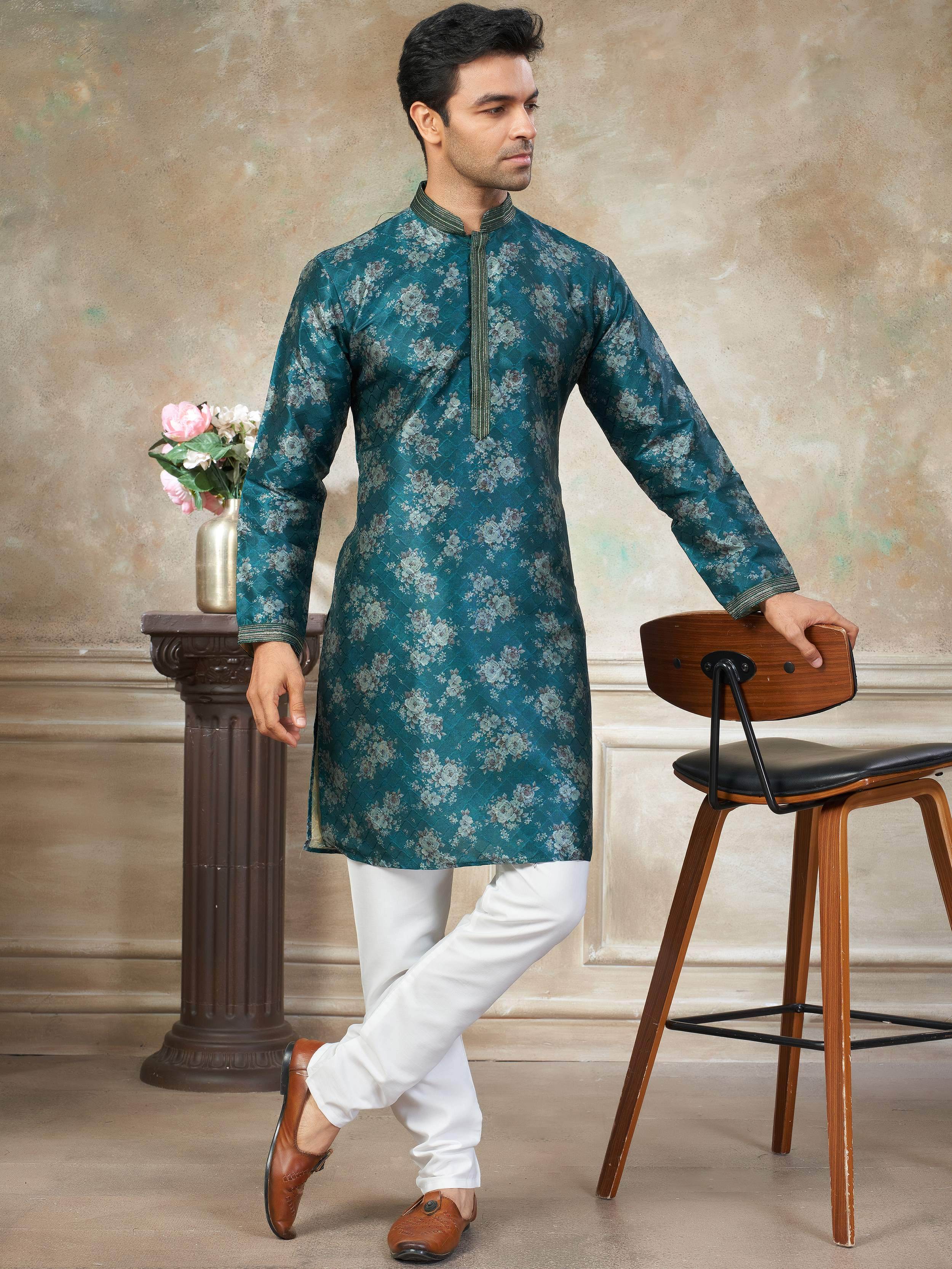 Fantastic Green Digital Printed Silk Festival Wear Men’s Kurta 