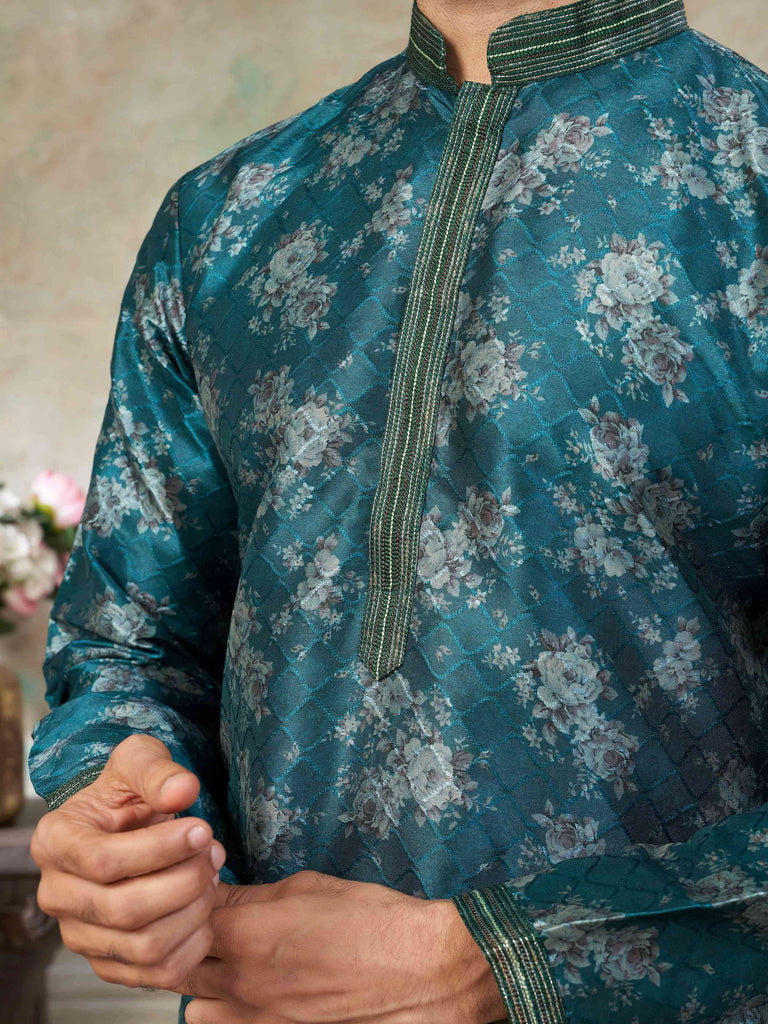 Fantastic Green Digital Printed Silk Festival Wear Men’s Kurta 