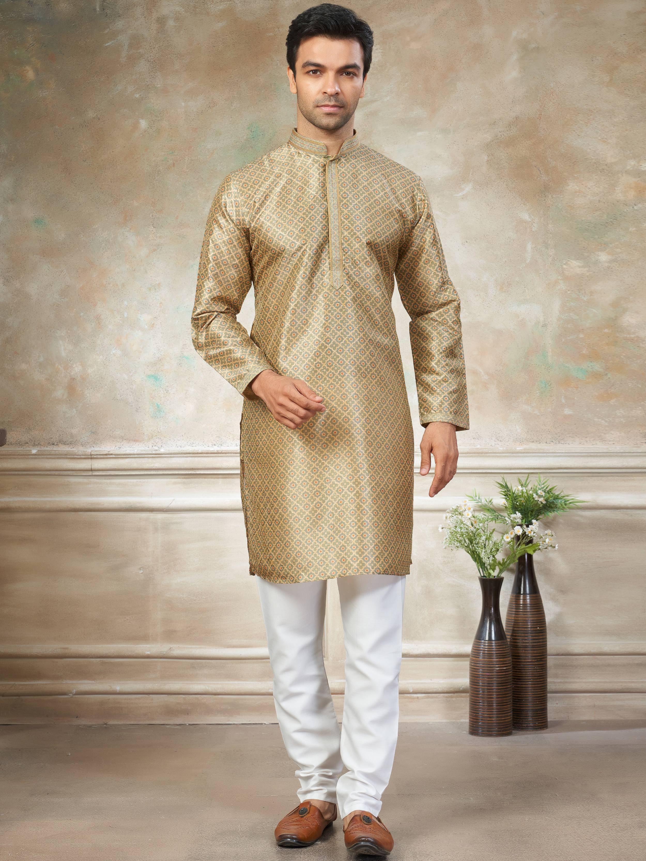 Fabulous Golden Digital Printed Silk Wedding Wear Men’s Kurta 