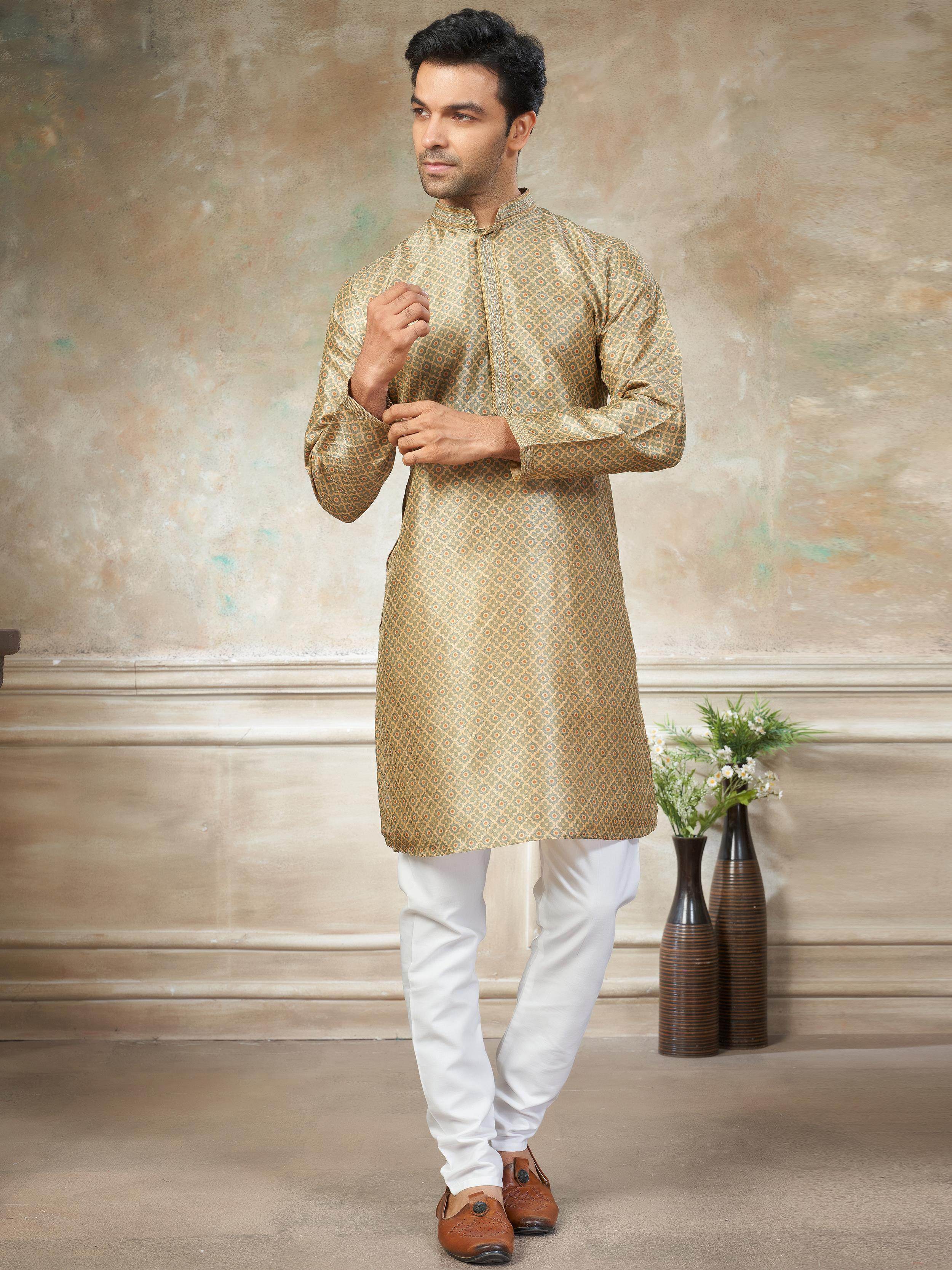Fabulous Golden Digital Printed Silk Wedding Wear Men’s Kurta 