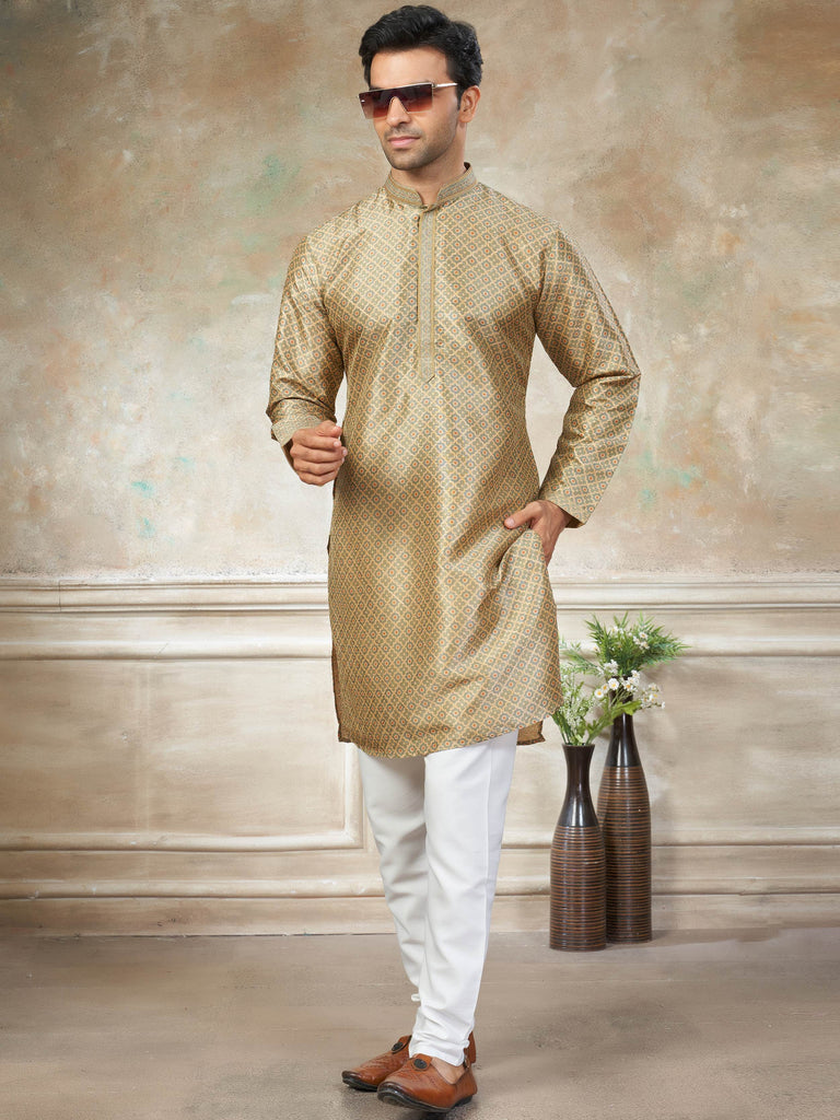 Fabulous Golden Digital Printed Silk Wedding Wear Men’s Kurta 