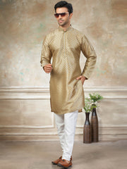 Fabulous Golden Digital Printed Silk Wedding Wear Men’s Kurta 