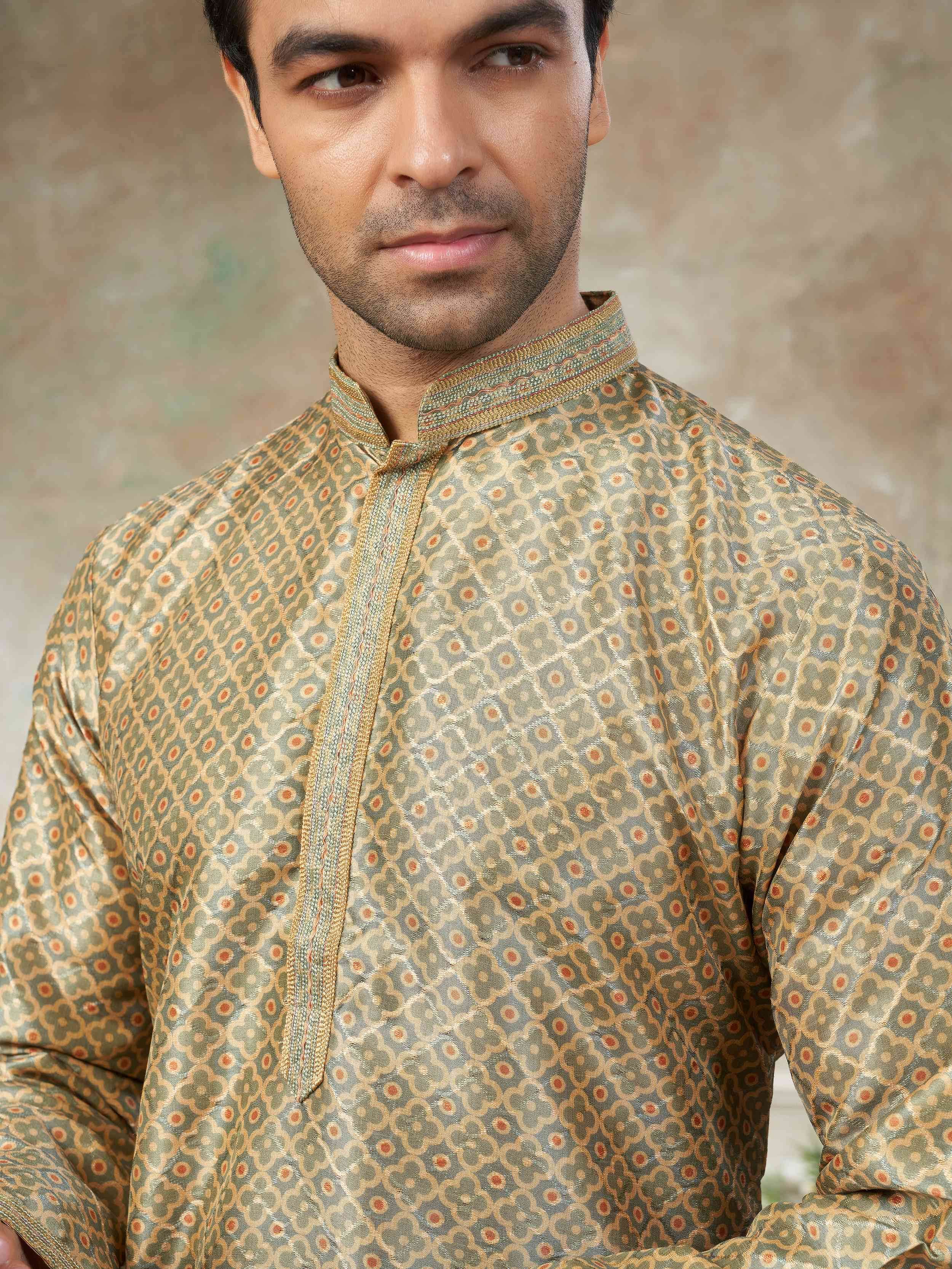 Fabulous Golden Digital Printed Silk Wedding Wear Men’s Kurta 