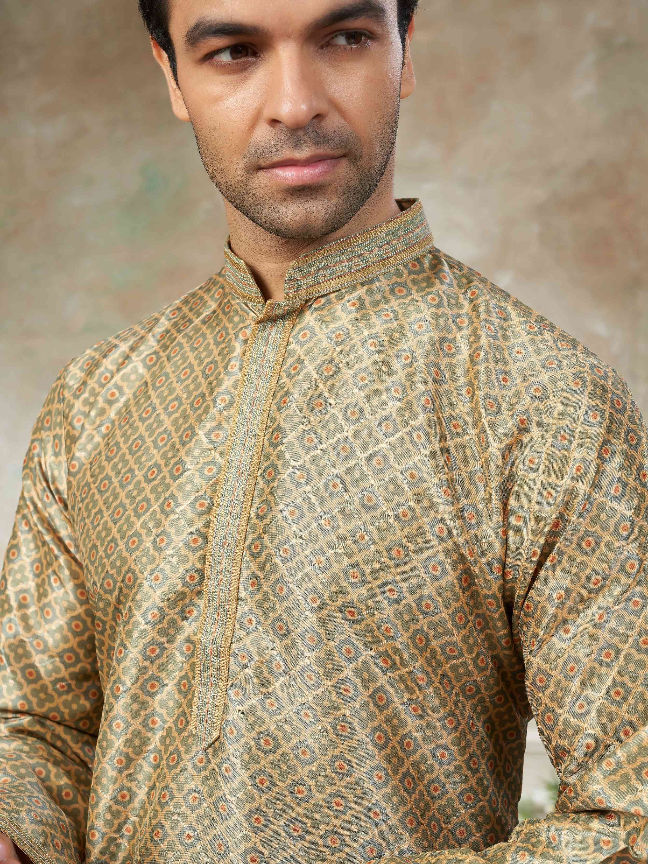 Fabulous Golden Digital Printed Silk Wedding Wear Men’s Kurta 