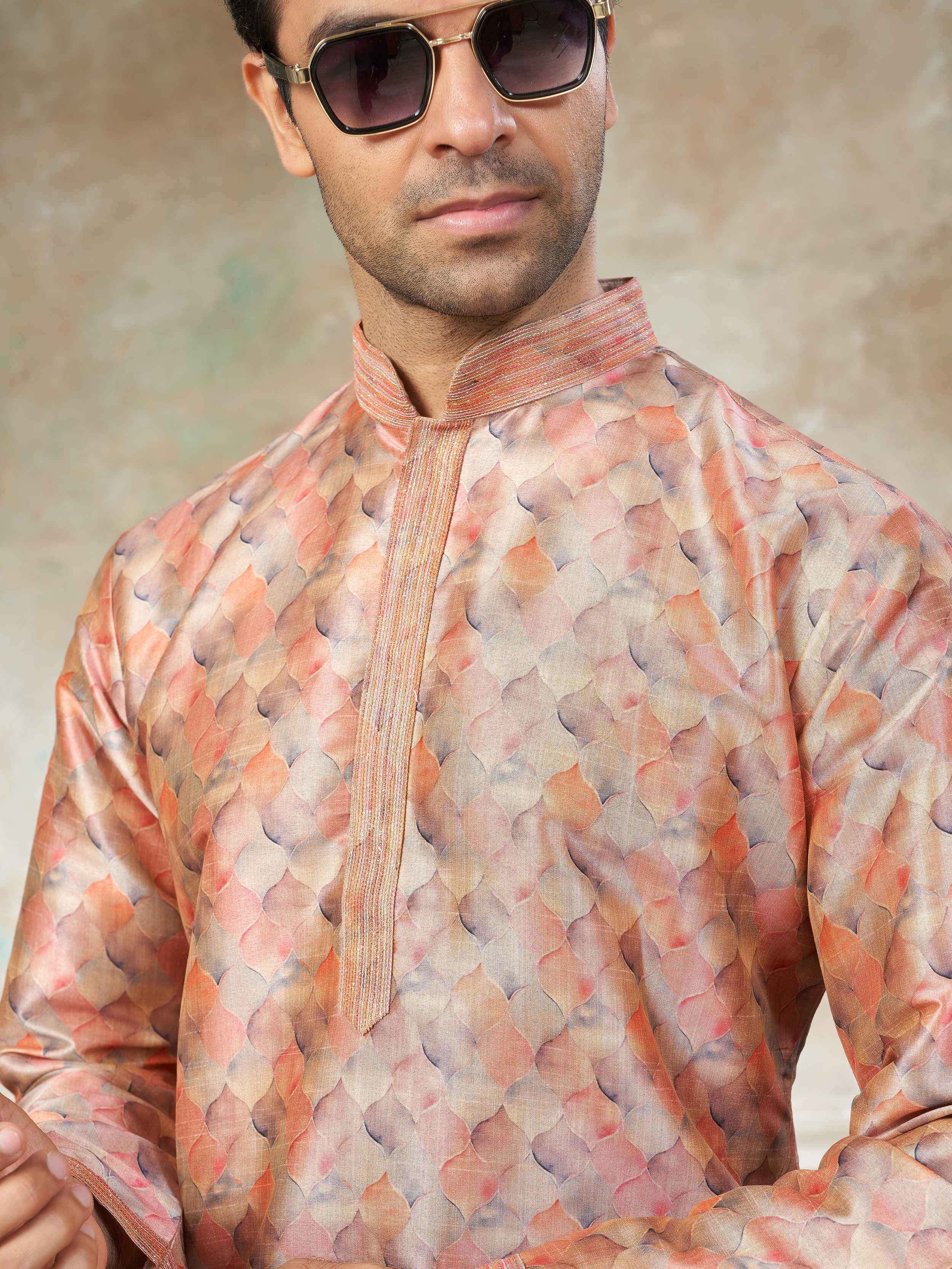 Adorable Peach Digital Printed Silk Festival Wear Men’s Kurta 