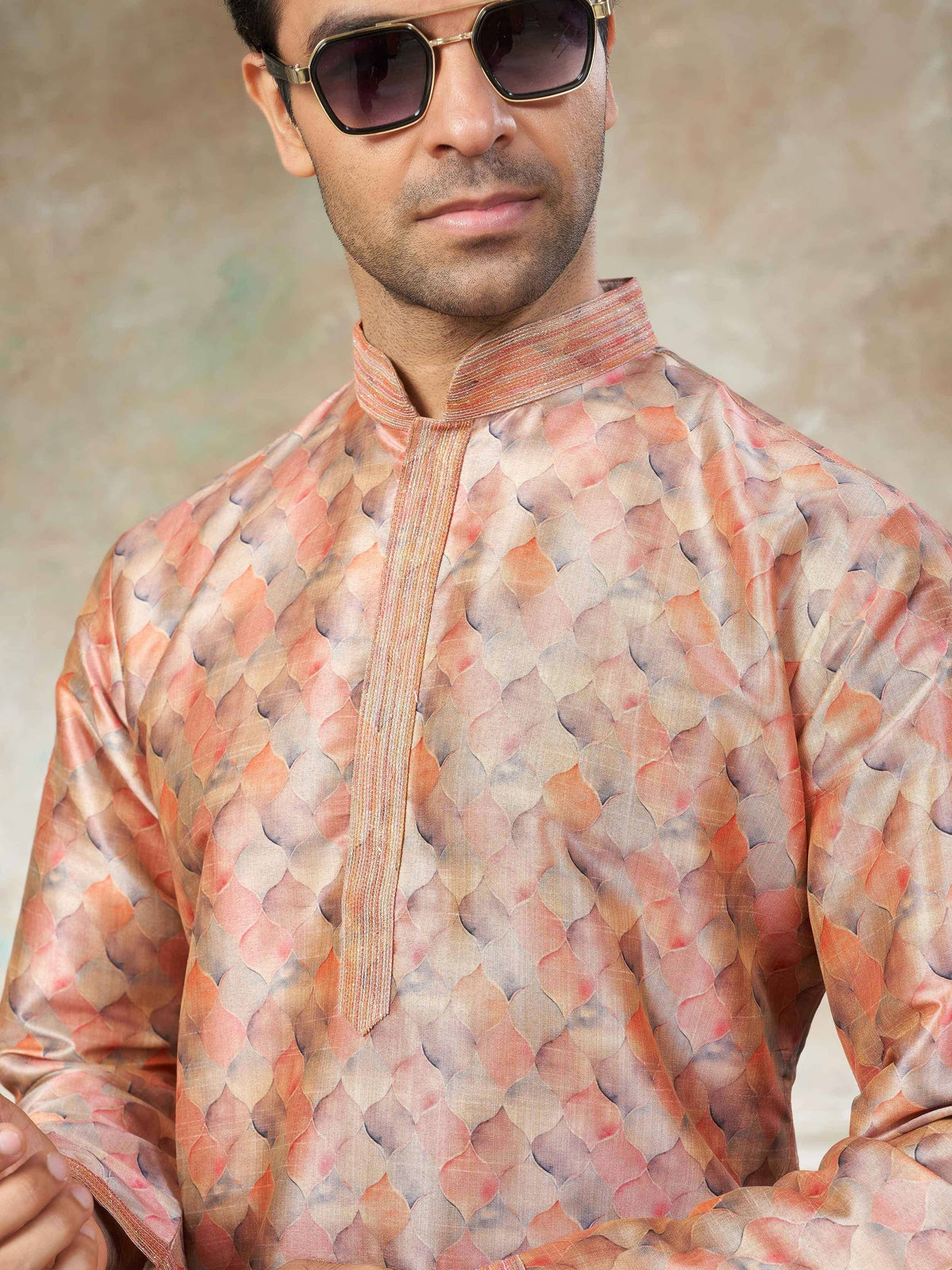 Men's ethnic kurta with peach and grey leaf print, stylish collar, perfect for festive occasions