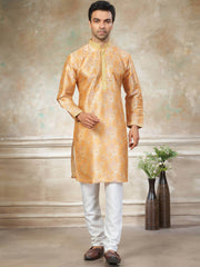 Wonderful Yellow Digital Printed Silk Haldi Wear Men’s Kurta 