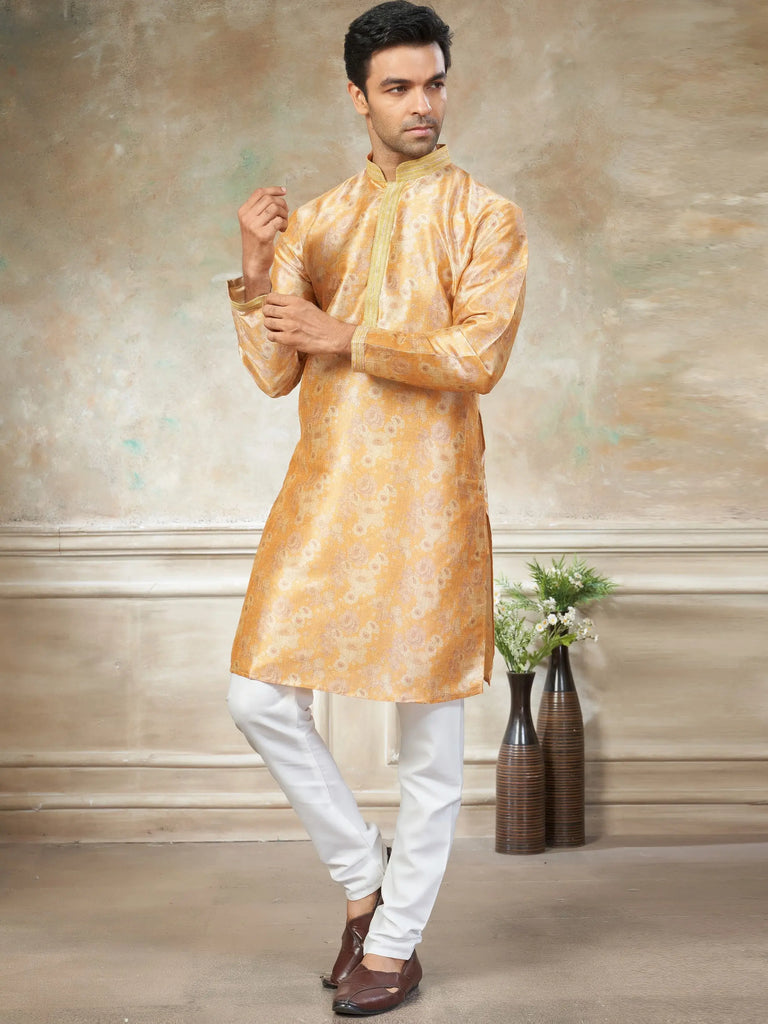Wonderful Yellow Digital Printed Silk Haldi Wear Men’s Kurta 