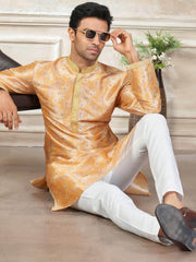 Wonderful Yellow Digital Printed Silk Haldi Wear Men’s Kurta 