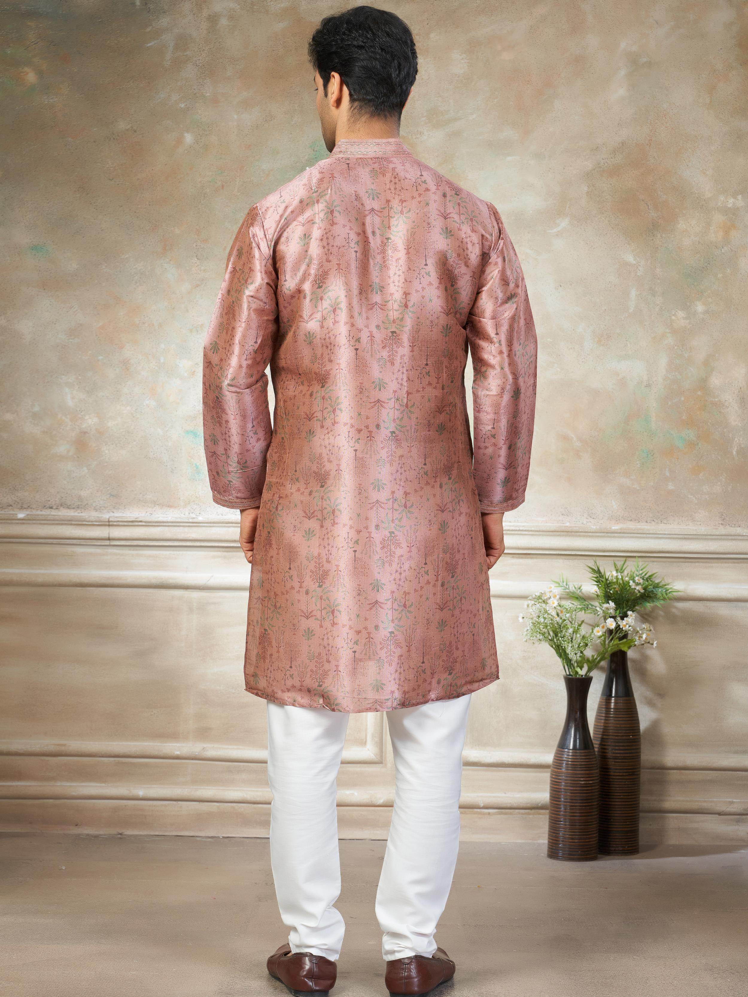 Classic Pink Digital Printed Silk Festival Wear Men’s Kurta 
