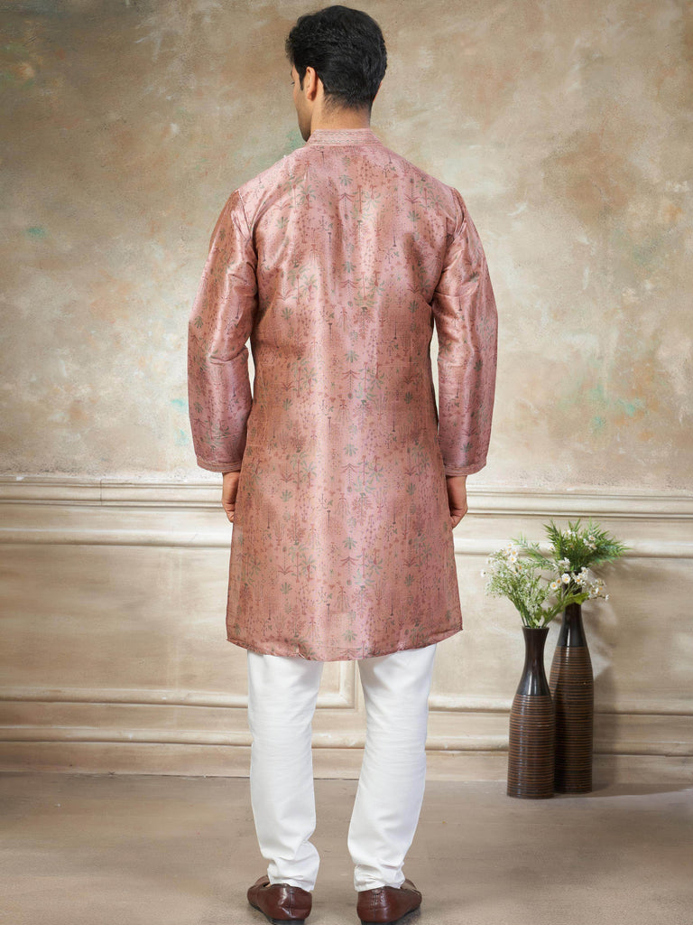 Classic Pink Digital Printed Silk Festival Wear Men’s Kurta 