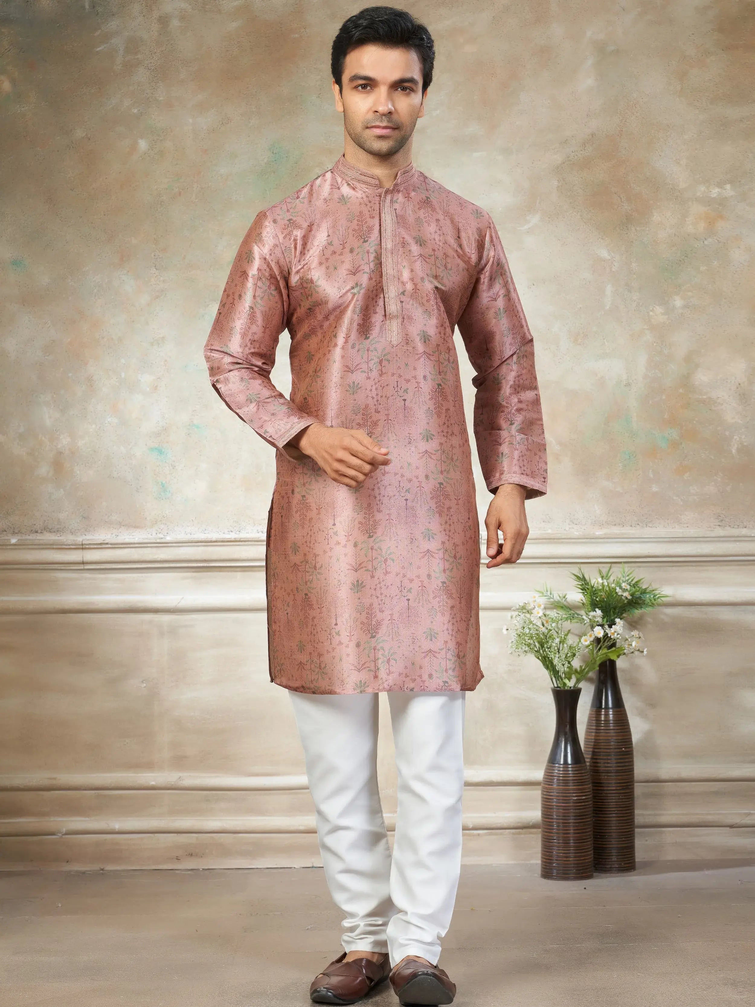Classic Pink Digital Printed Silk Festival Wear Men’s Kurta 
