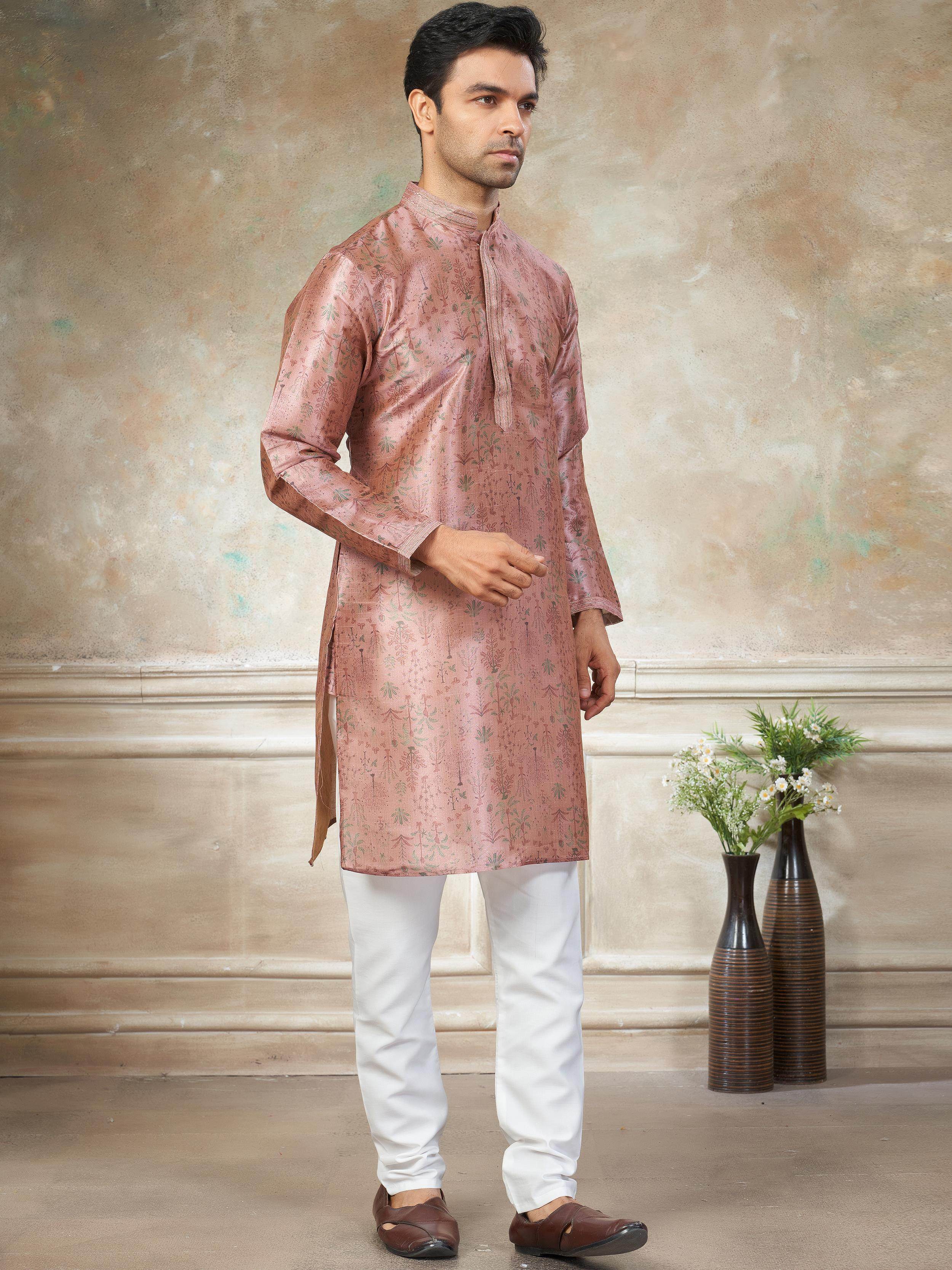 Classic Pink Digital Printed Silk Festival Wear Men’s Kurta 