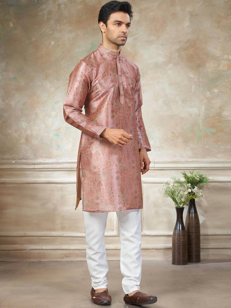 Classic Pink Digital Printed Silk Festival Wear Men’s Kurta 
