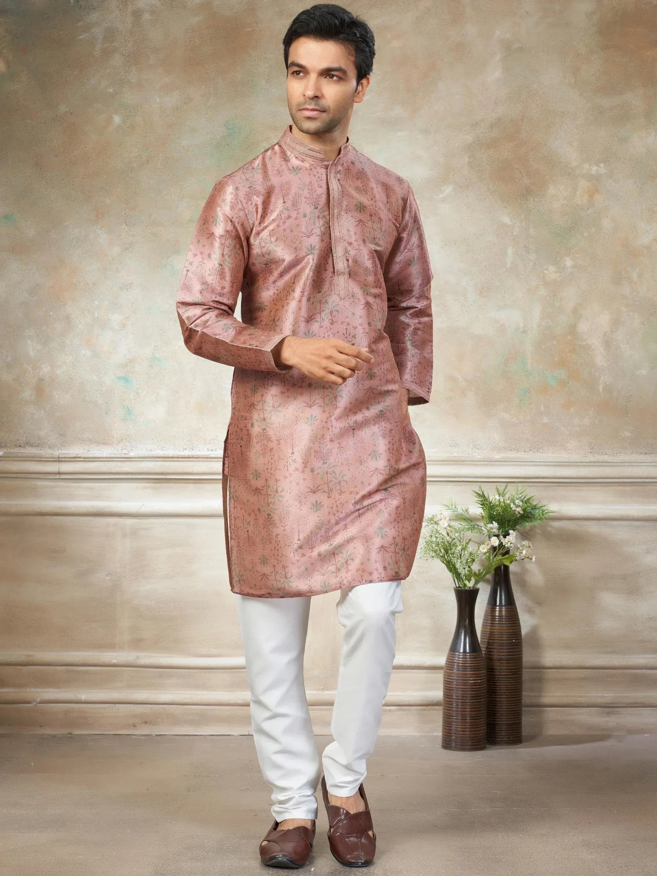 Classic Pink Digital Printed Silk Festival Wear Men’s Kurta 