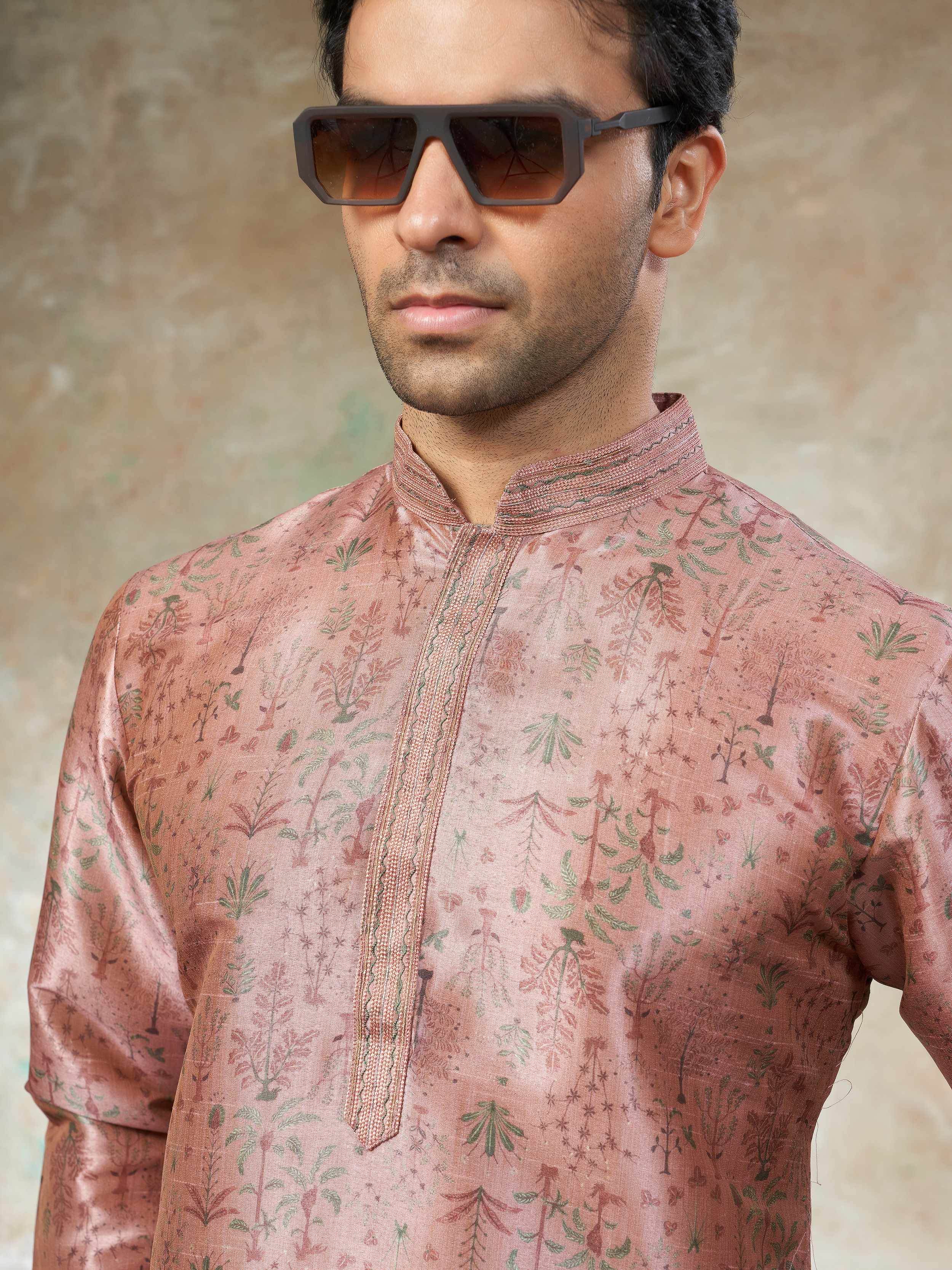 Classic Pink Digital Printed Silk Festival Wear Men’s Kurta 