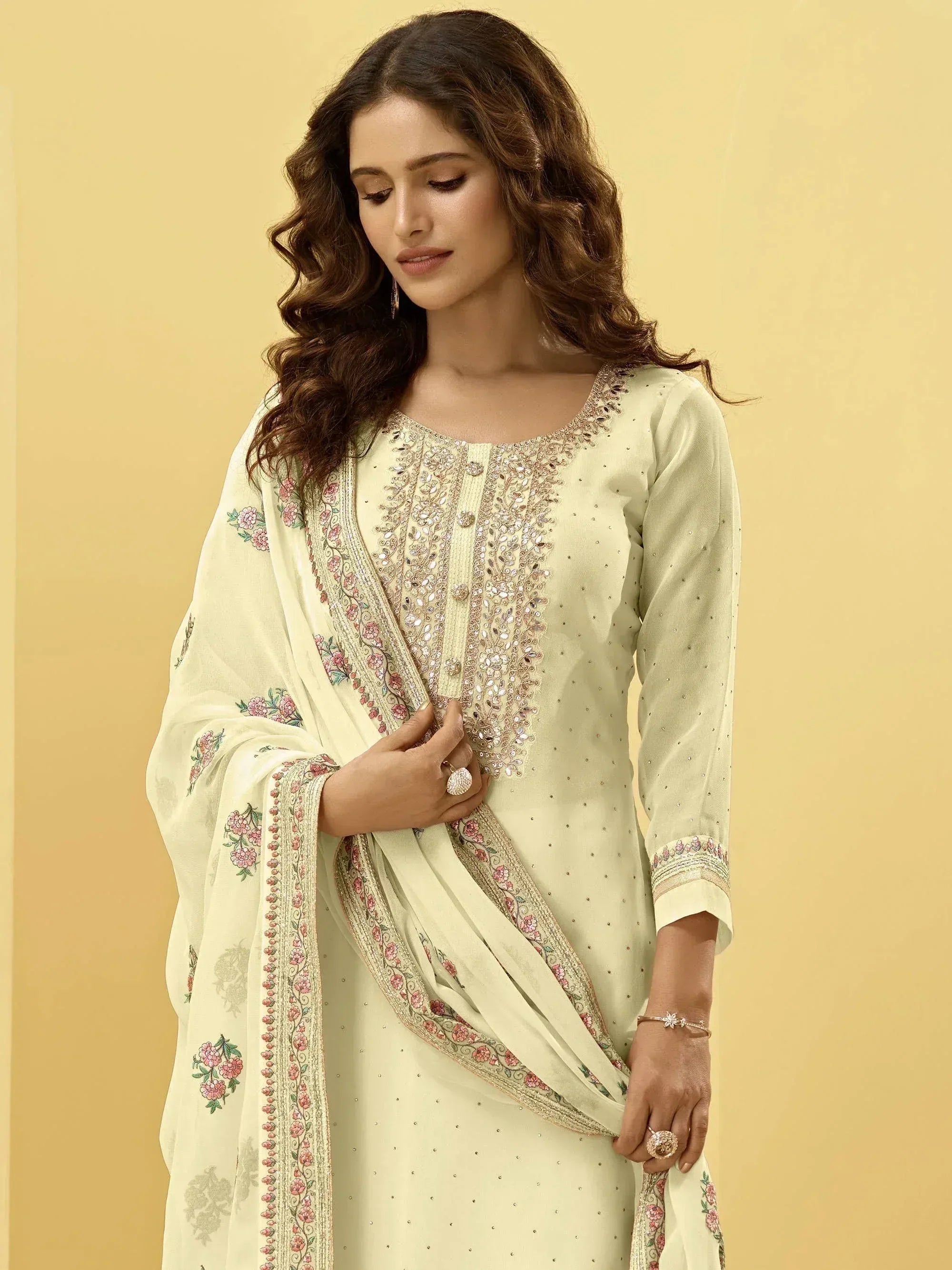 Cream embroidered salwar kameez with floral dupatta, Indian ethnic wear for women