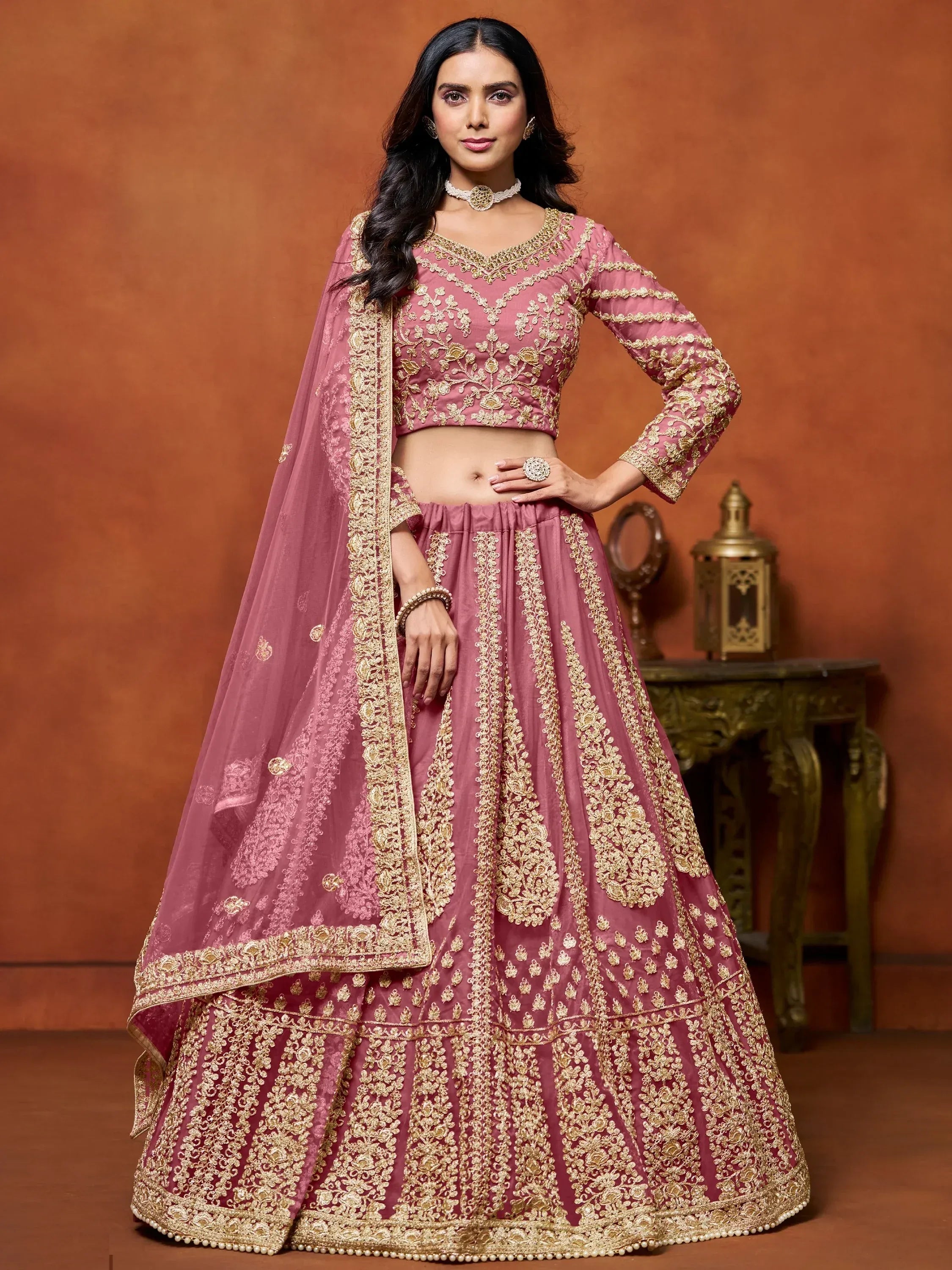 Classic Pink Zari Work Net Engagement Wear Lehenga Choli With Dupatta