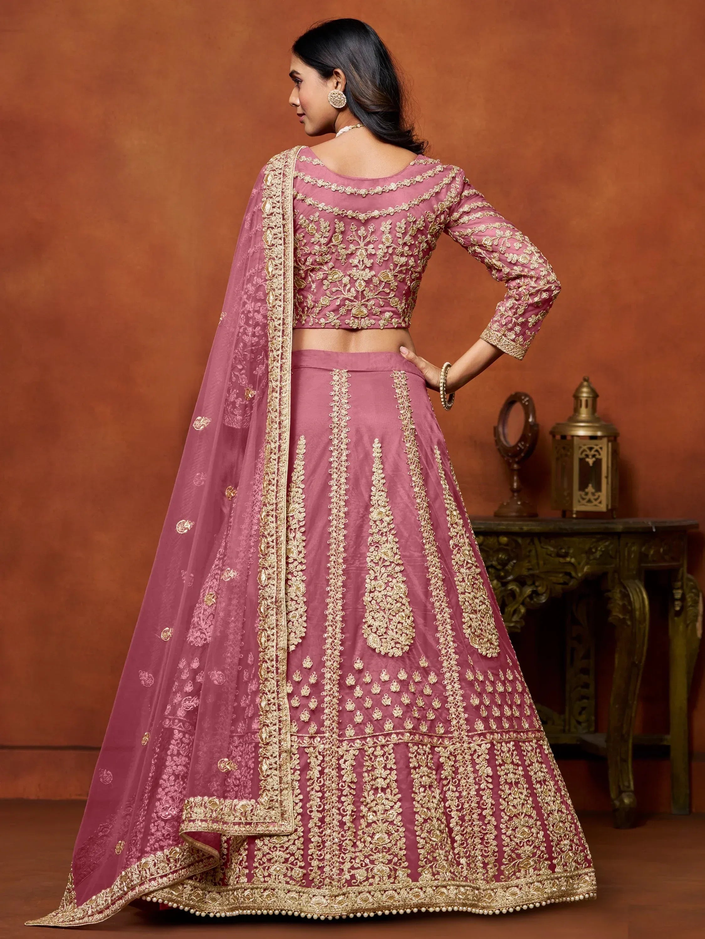 Classic Pink Zari Work Net Engagement Wear Lehenga Choli With Dupatta