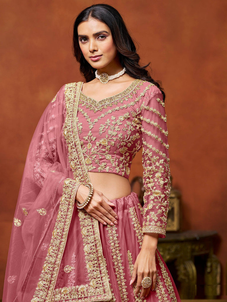 Classic Pink Zari Work Net Engagement Wear Lehenga Choli With Dupatta