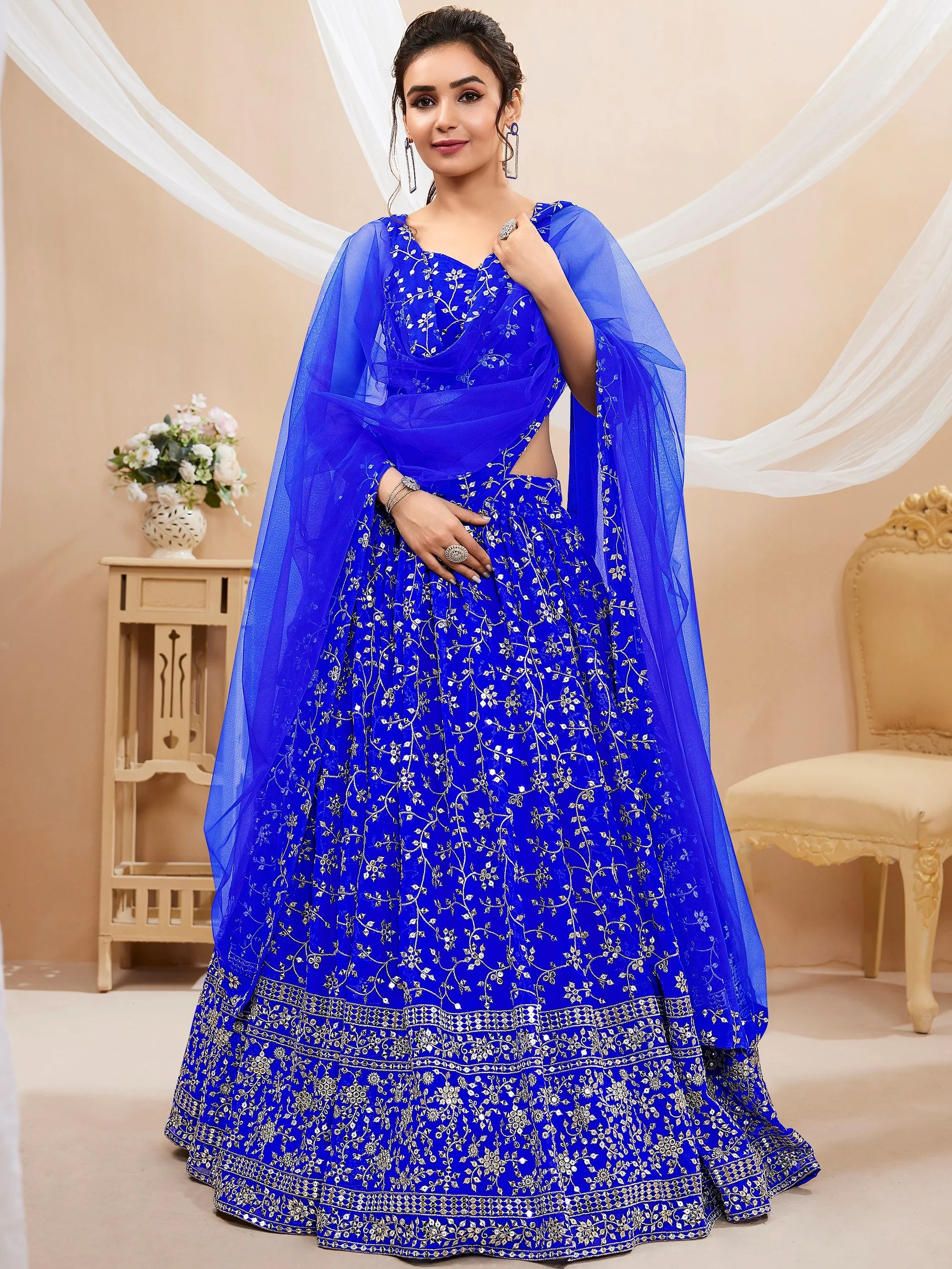 Beautiful Blue Sequins Georgette Wedding Wear Plus Size Lehenga Choli