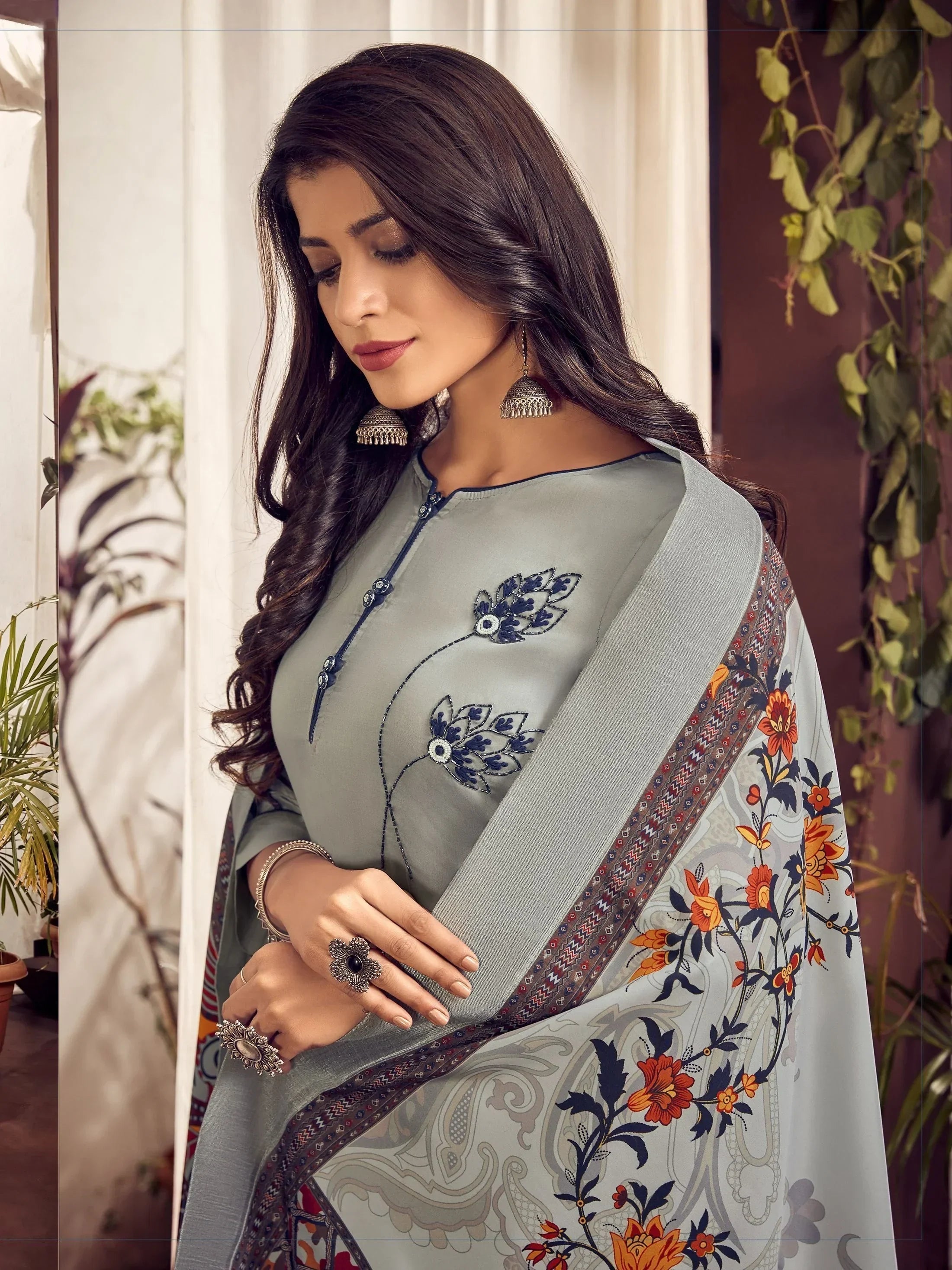 Fabulous Grey Digital Printed Cotton Festive Salwar Kameez