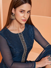 Awesome Navy Blue Sequins Embroidery Georgette Party Wear Sharara Suit