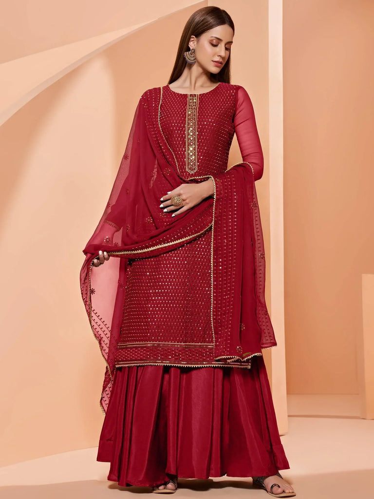 Glorious Red Sequins Embroidery Georgette Party Wear Sharara Suit
