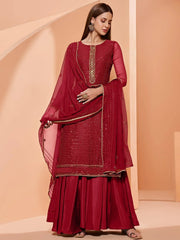 Glorious Red Sequins Embroidery Georgette Party Wear Sharara Suit
