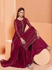 Glorious Wine Sequins Embroidery Georgette Party Wear Sharara Suit