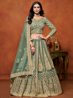 Dazzling Pista Green Embroidered Net Designer Lehenga With Blouse