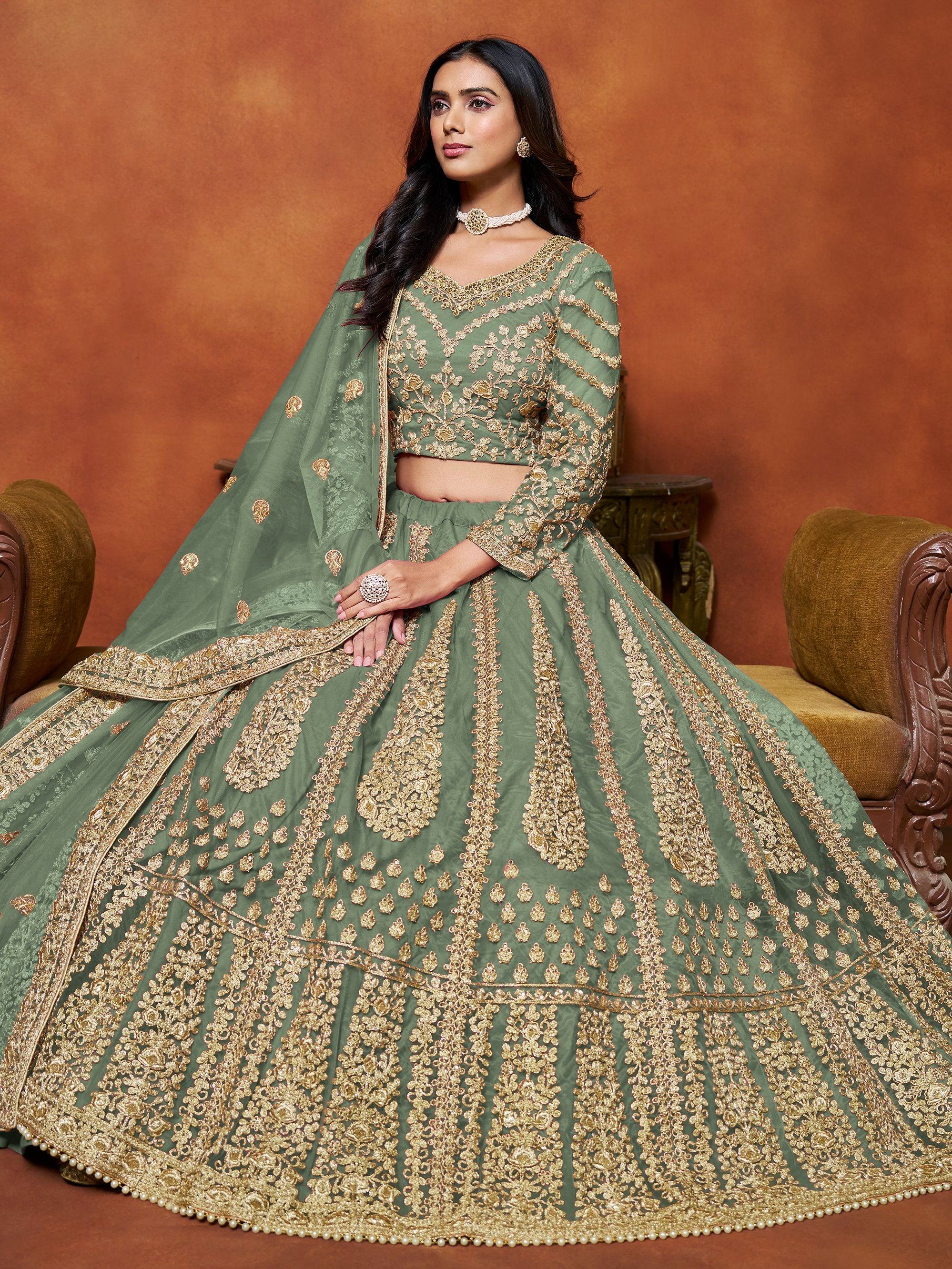 Dazzling Pista Green Embroidered Net Designer Lehenga With Blouse