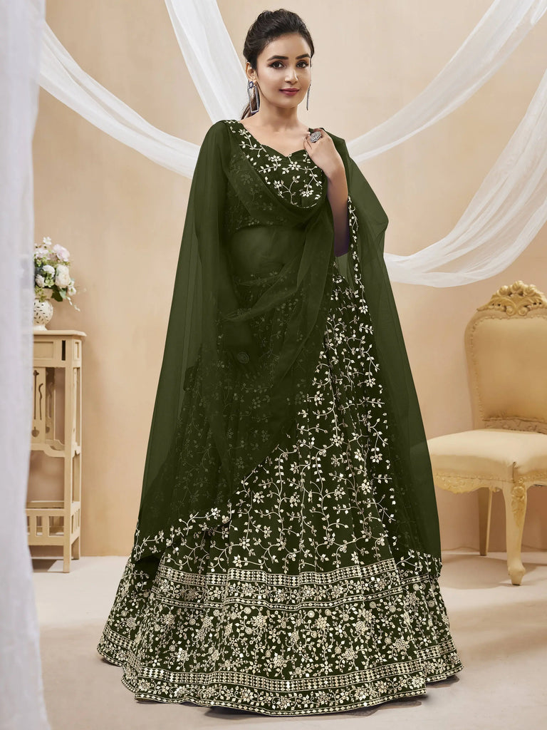Bewitching Green Embroidered Georgette Mehendi Wear Lehenga Choli