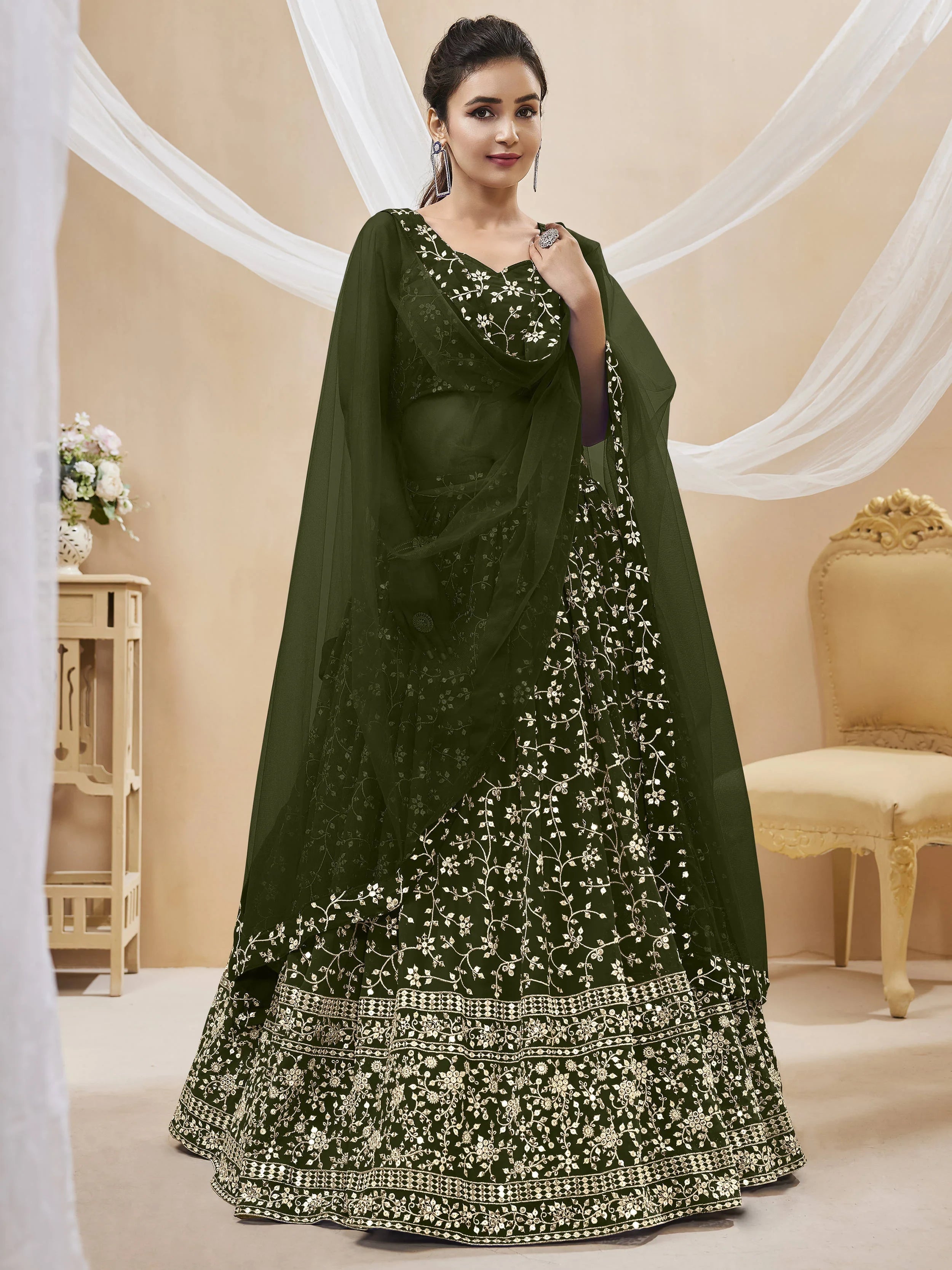 Bewitching Green Embroidered Georgette Mehendi Wear Lehenga Choli
