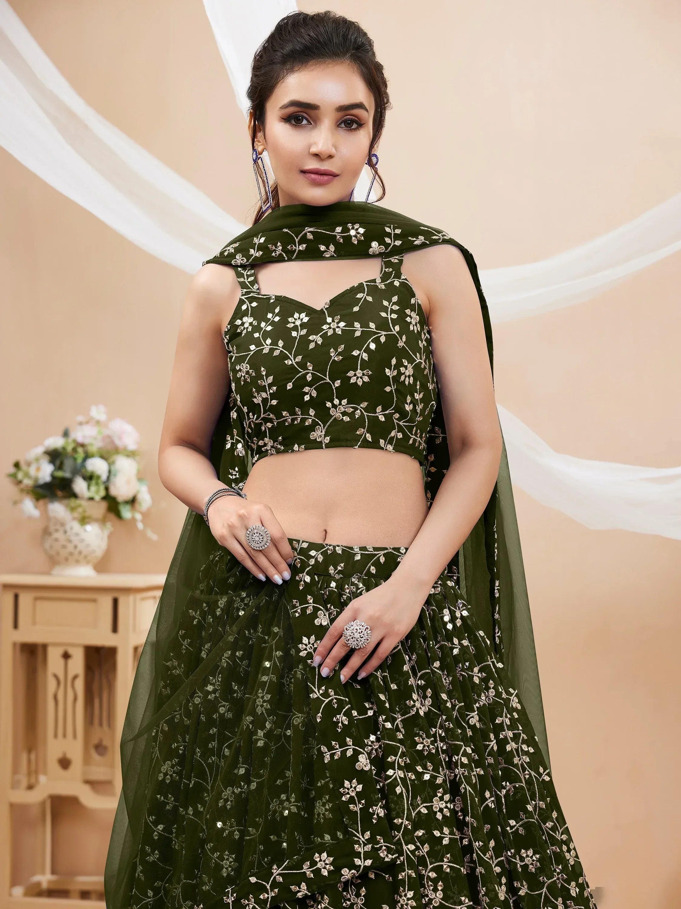 Charming Green Sequins Georgette Festival Wear Plus Size Lehenga Choli