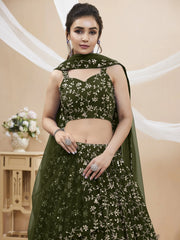 Bewitching Green Embroidered Georgette Mehendi Wear Lehenga Choli