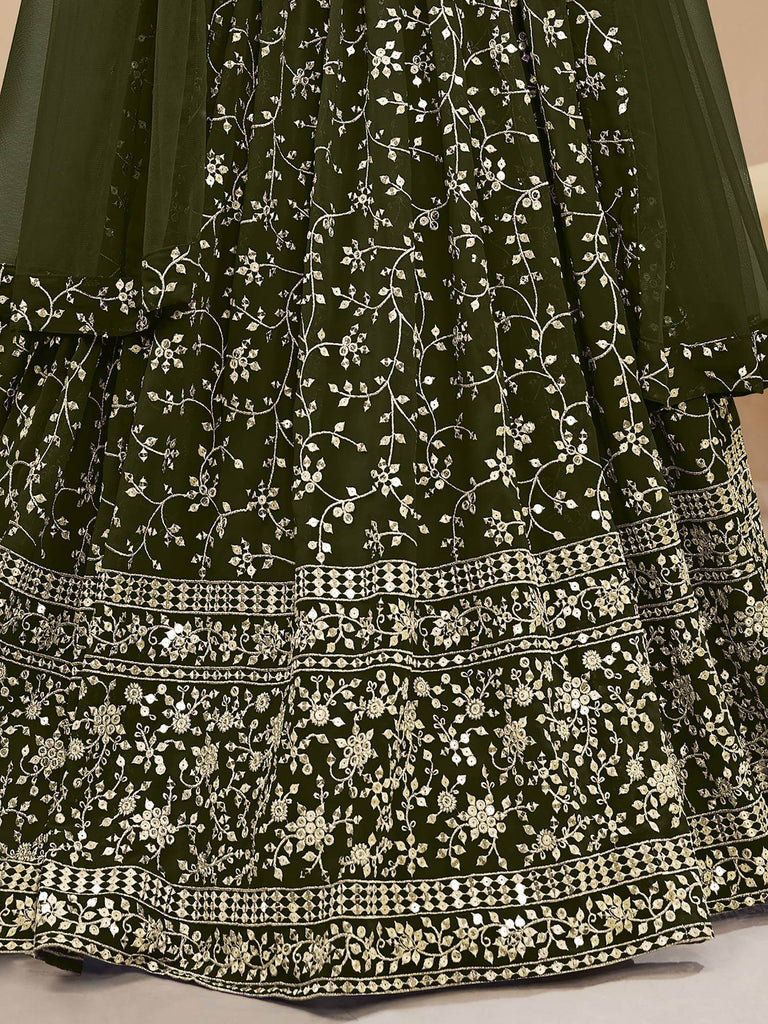 Bewitching Green Embroidered Georgette Mehendi Wear Lehenga Choli