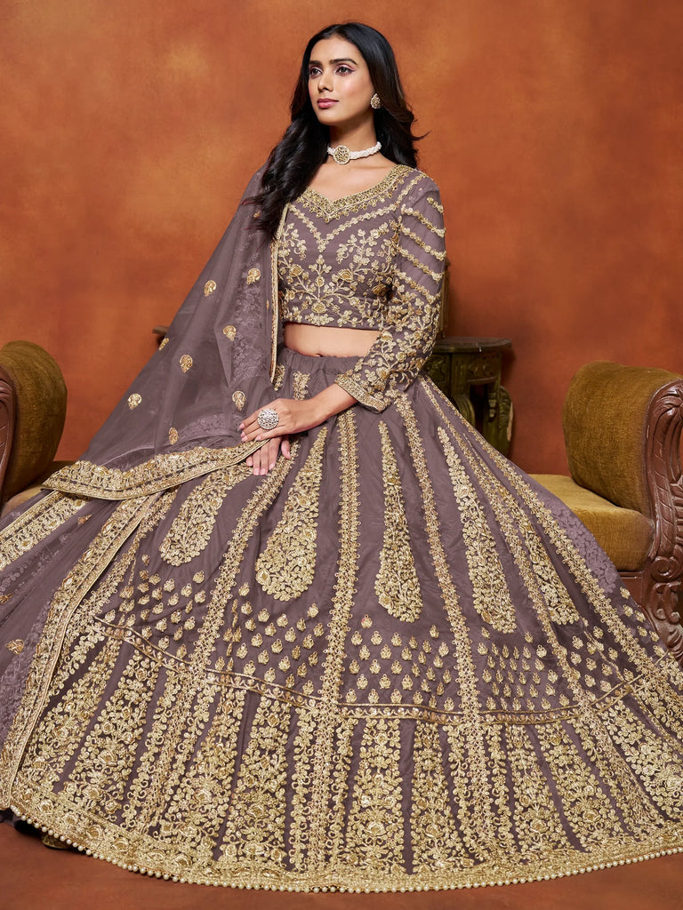 Beautiful Dusty Brown Zari Work Net Reception Wear Lehenga Choli